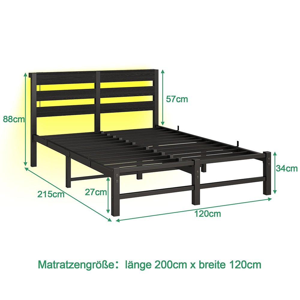Łóżko dla dorosłych z oświetleniem LED i stacją ładującą USB, metalowa konstrukcja, materac nie wchodzi w skład zestawu, kolor czarny – 120 x 200 cm - 4