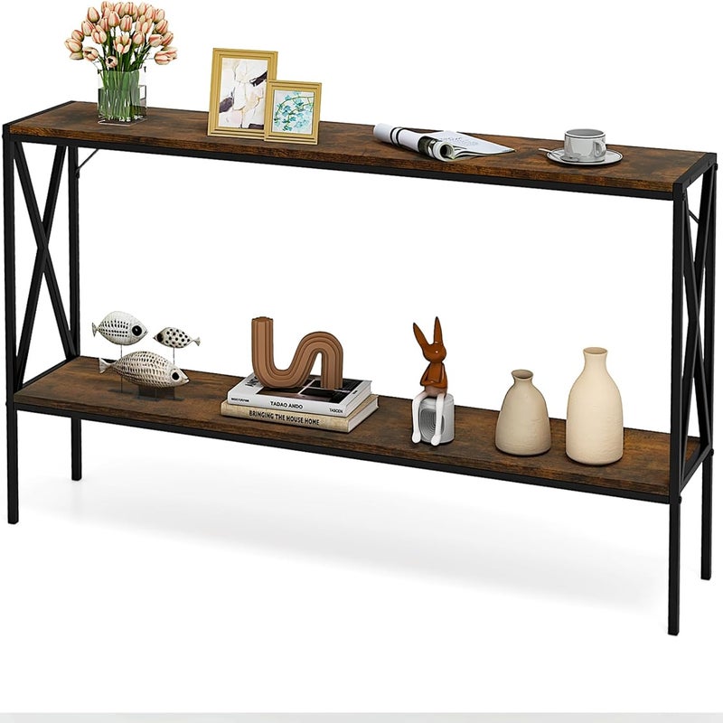 Wąski Stolik Konsolowy 120 cm, Metalowa Konsola do Przedpokoju z 2 Poziomami i Półką, Metalowa Rama w Kształcie Litery X, Zestaw Antywywrotny, Brązowy