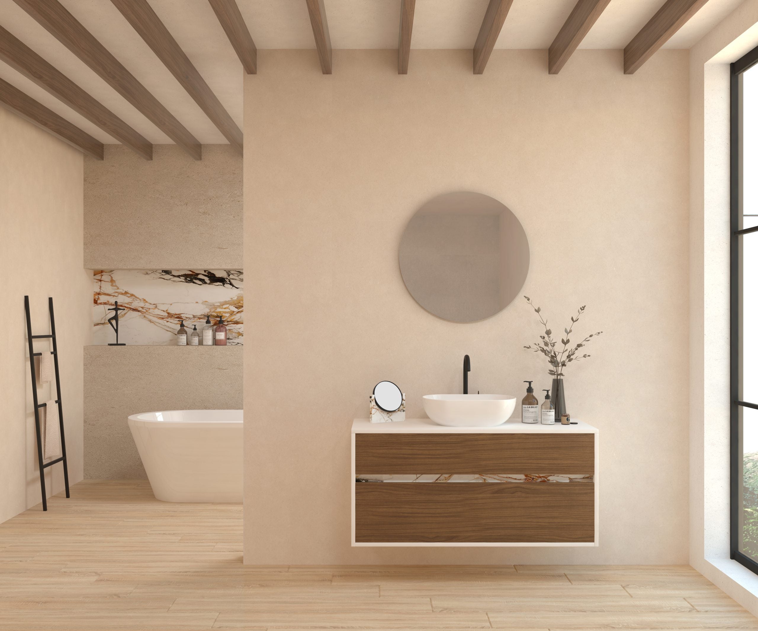 Emene pack con lavabo y espejo circular emboîté xtone paonazzo biondo - nogal 120 cm