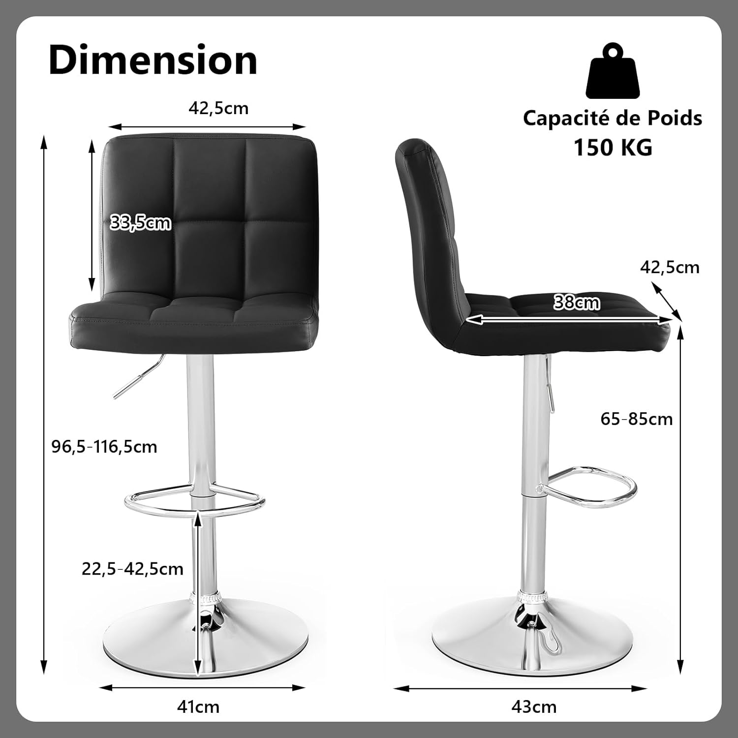 Stołek barowy krzesła barowe 65-85 cm, z regulacją wysokości ze skóry PU, taboret do siedzenia z obrotowym o 360° siedziskiem i podnóżkiem, - 3