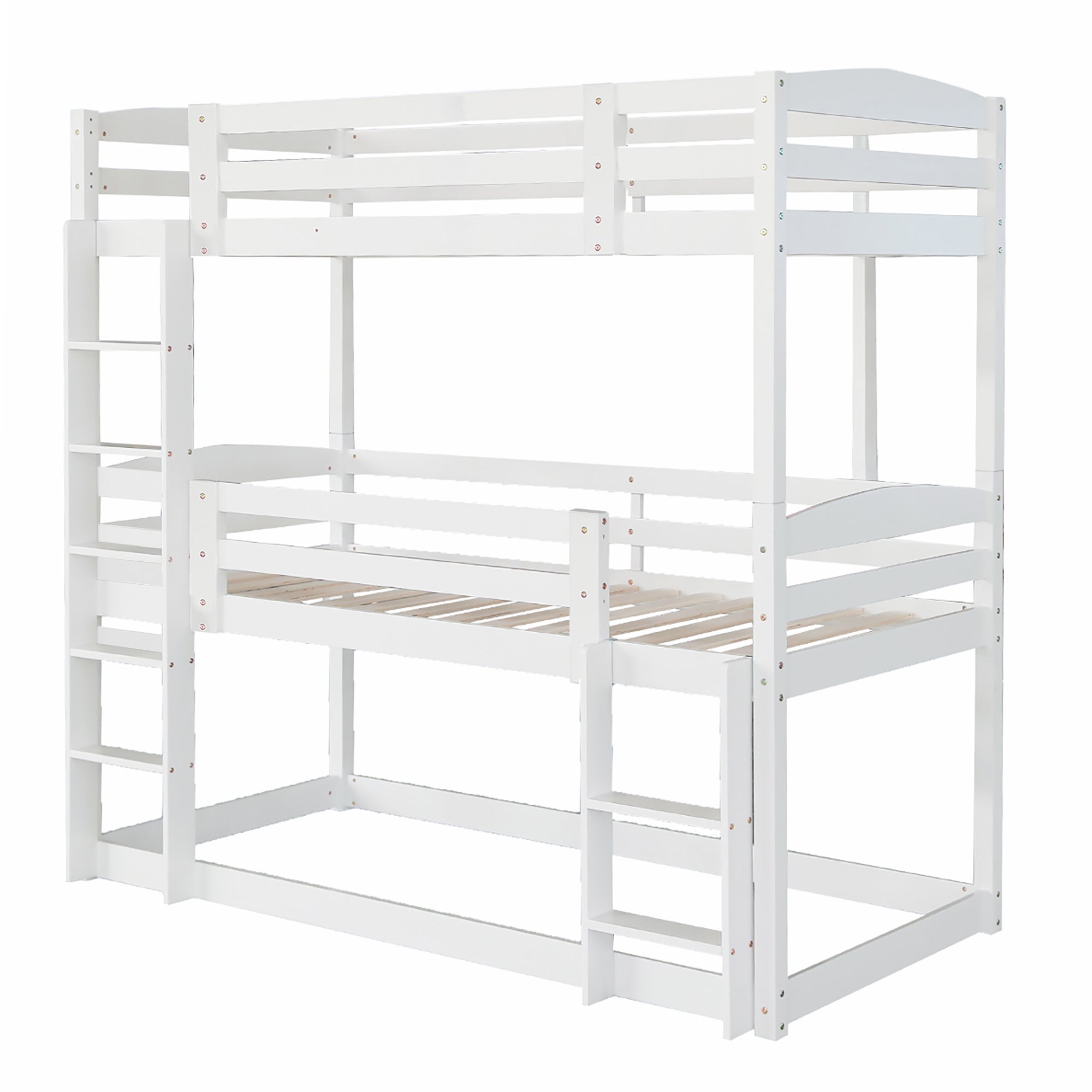 Lit superposé triple avec échelle et barrière de protection - 90x200cm - bois massif - Blanc - 4