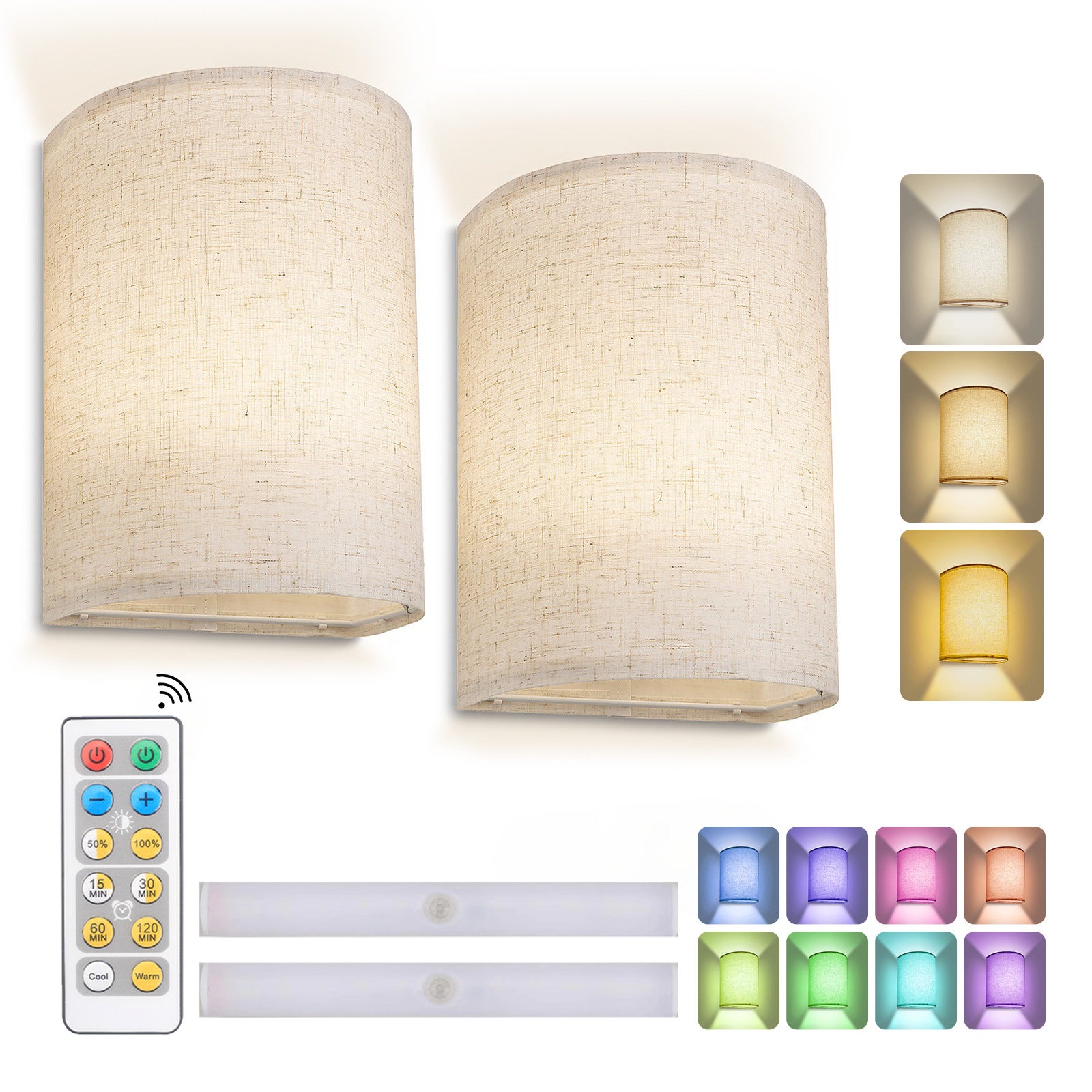 Zestaw 2 zasilanych bateryjnie lamp ściennych z okrągłym kloszem z tkaniny z pilotem, ściemnianymi diodami LED, 8 kolorów RGB
