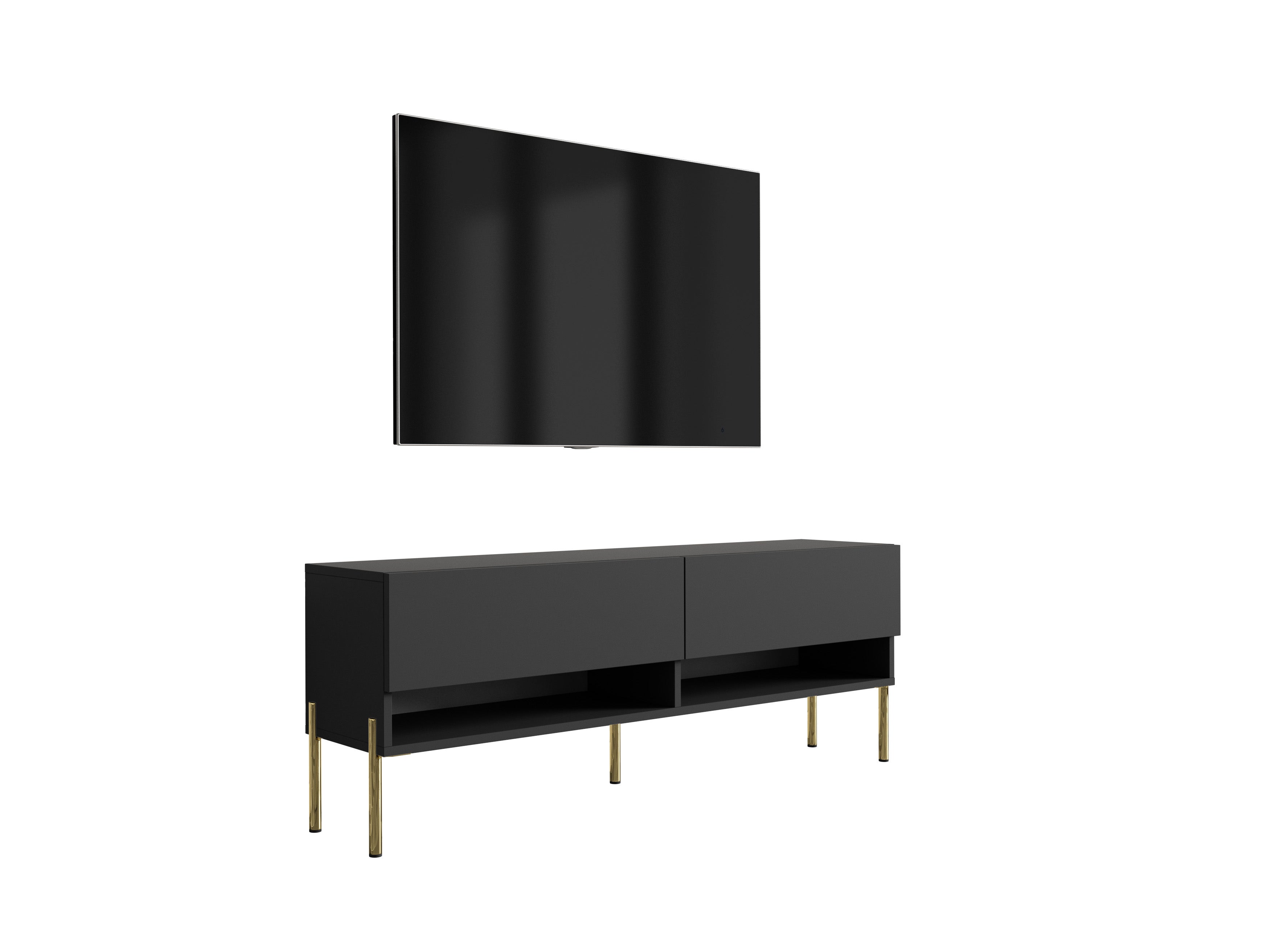 Szafka RTV : 140 cm Czarny Mat, nóżki proste złote, 140 × 32 × 52 cm