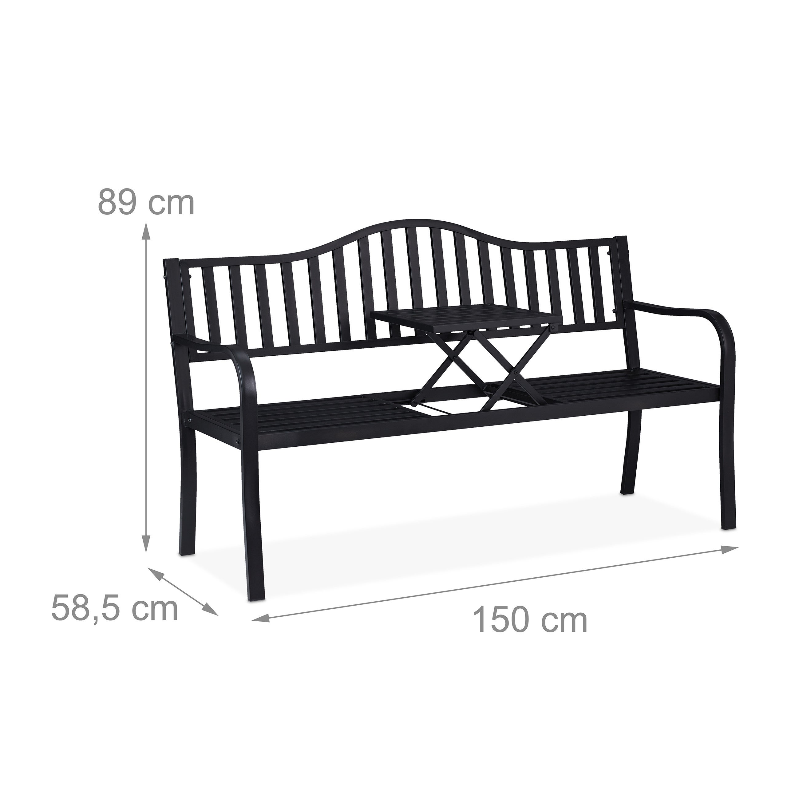 Banc de jardin avec table pliante, 3 places, solide, jardin, métal, balcon, HLP: 89 x 150 x 58,5 cm, noir, Relaxdays - 4