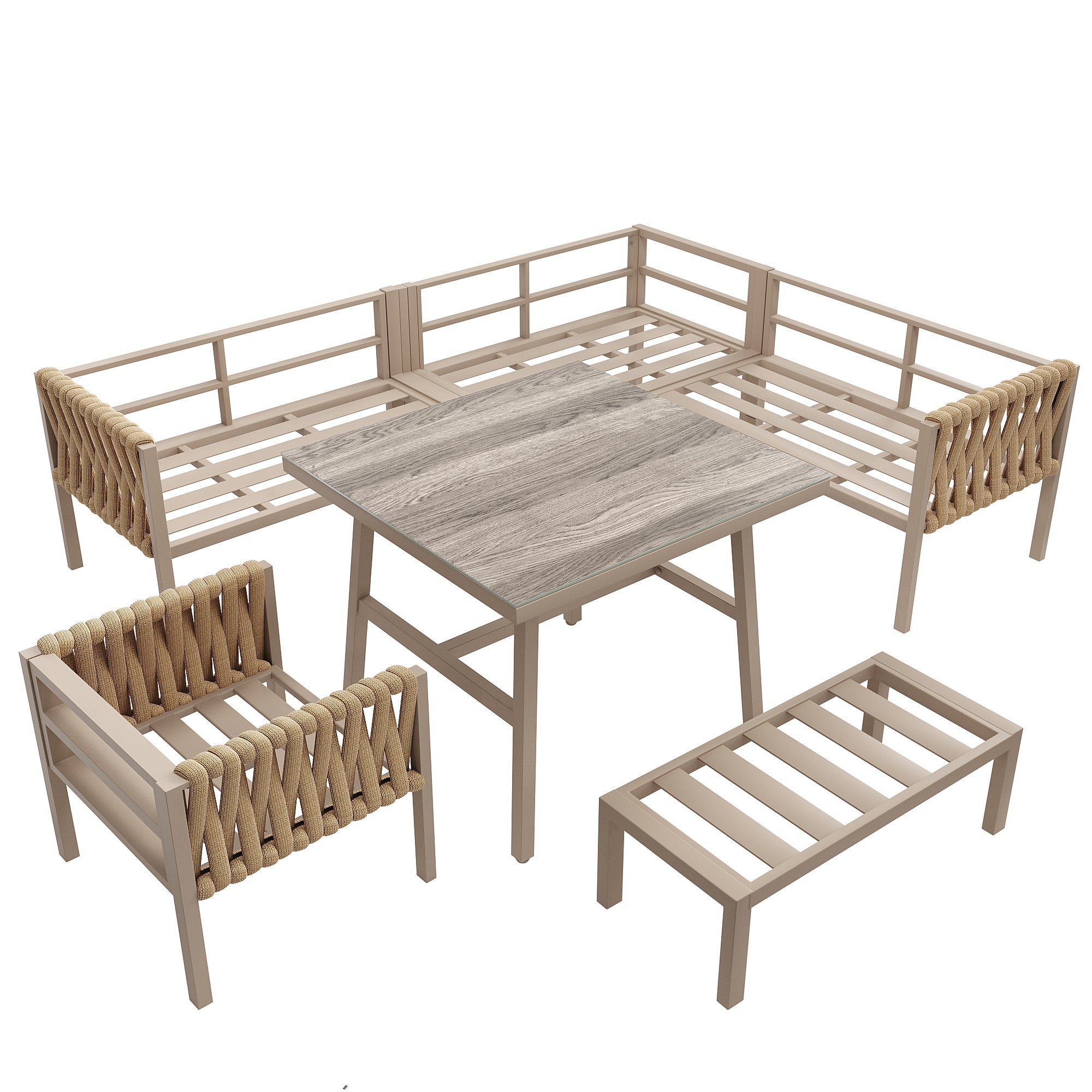 Ensemble de salle à manger de jardin - en corde - avec structure en fer galvanisé, pieds réglables, canapé d'angle, 1 fauteuil, 1 tabouret, Beige - 4