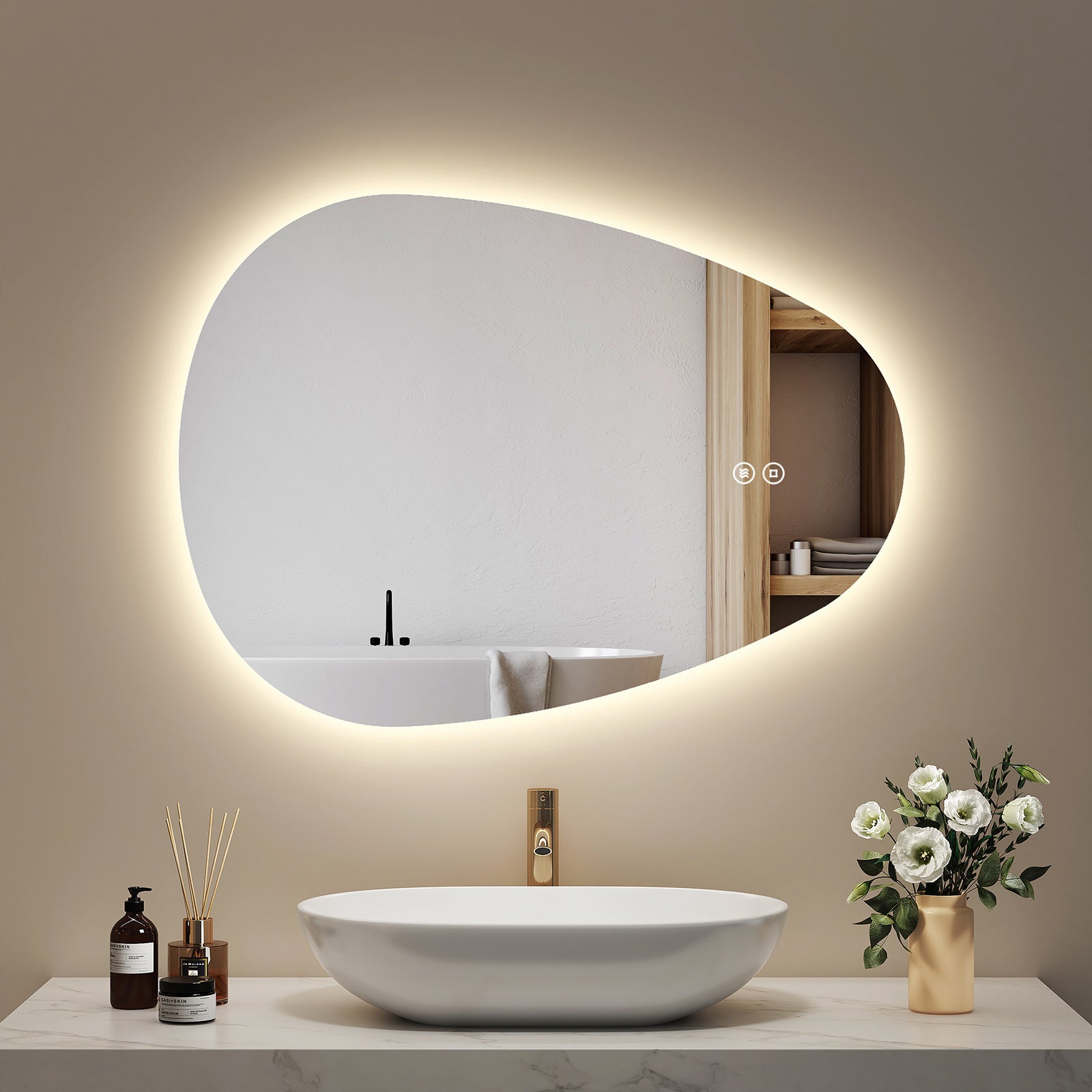 EMKE Miroir de salle de bain avec éclairage LED - Miroir asymétrique - Antibuée, 3 Couleurs, Intensité Réglable - 80 x 60 cm - 9