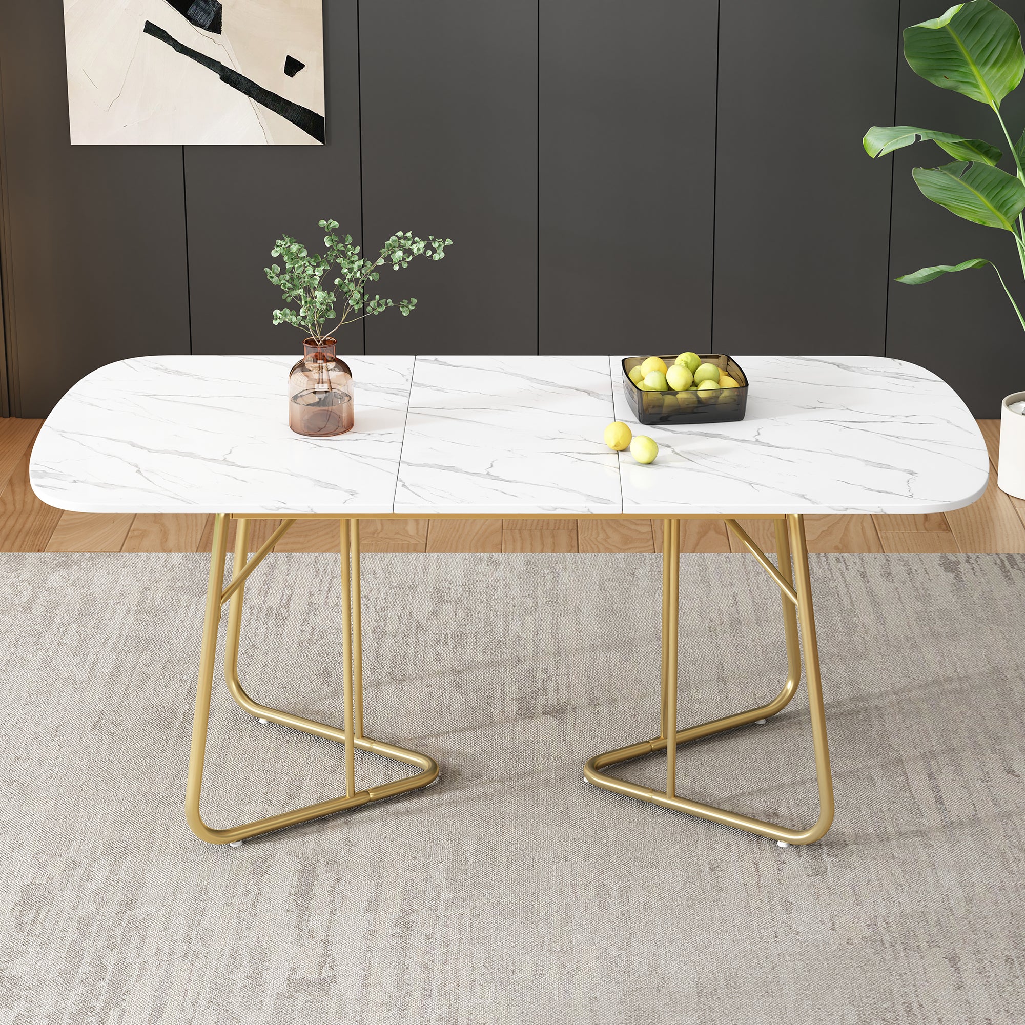 Rozkładany stół jadalny dla 4-6 osób - dł. 140/180 x szer. 80 x wys. 75 cm - płyta MDF, drewno i metal - wzór marmuru - biały - 5