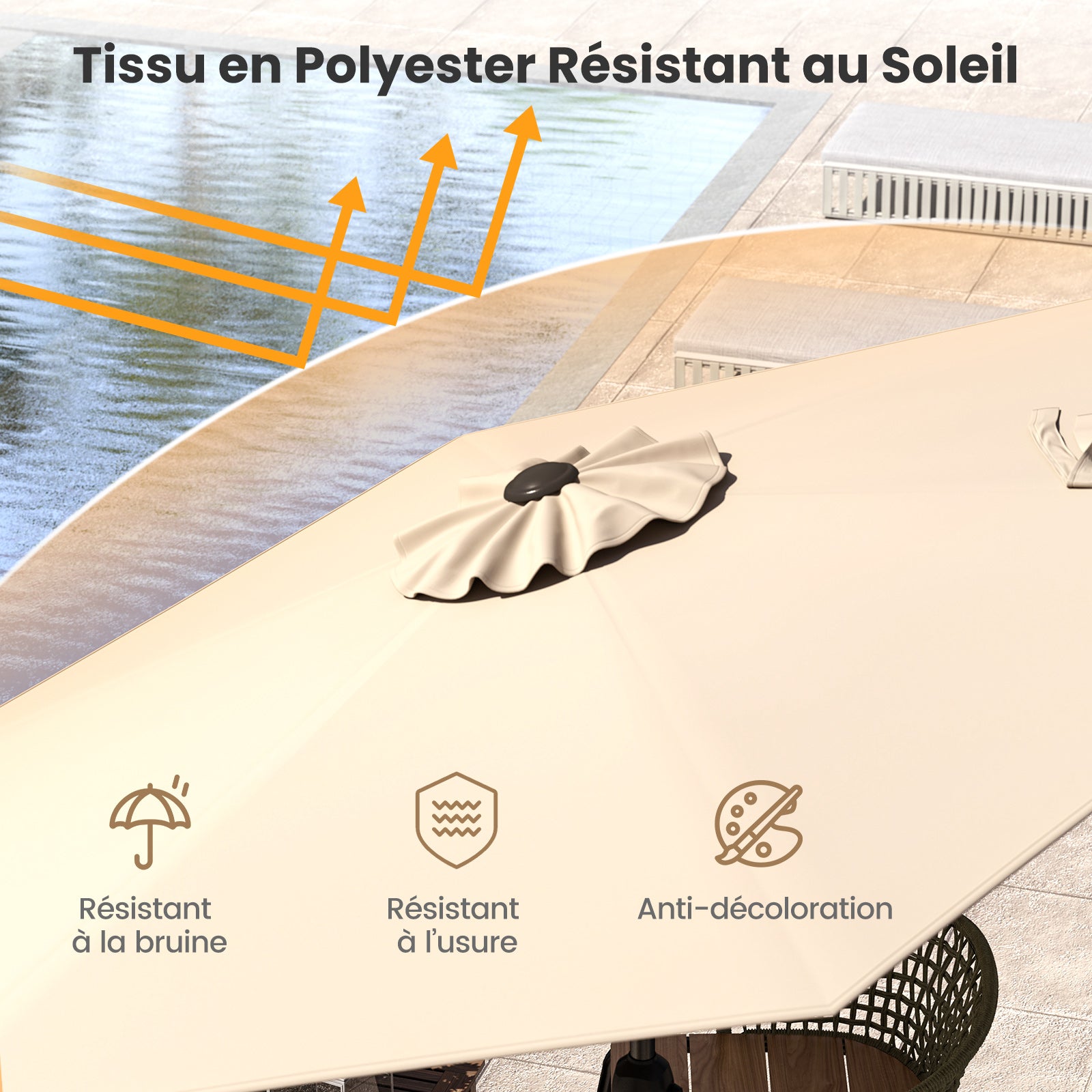 Parasol de Jardin Extérieur Ø 230 CM, Parasol Balcon sans Pied, Inclinaison Réglable à Bouton-Poussoir, 6 Baleines Robustes, Beige - 6