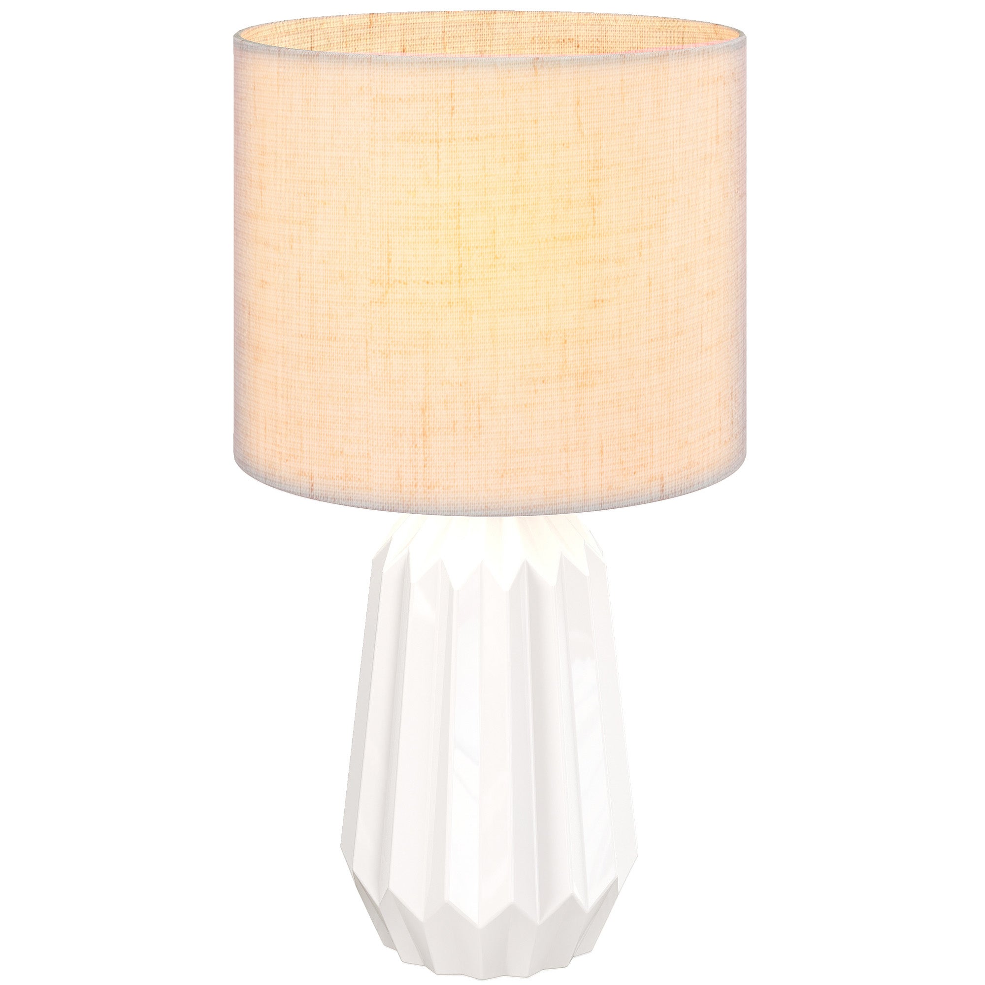 Lámpara de mesa retro de lino con base de cerámica, máximo 40 vatios, uso dormitorio, color blanco y beige.