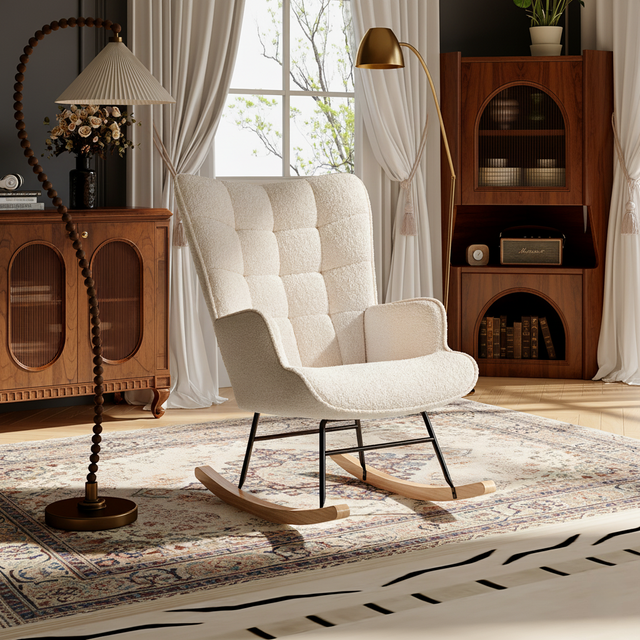 Fauteuil à bascule - Chaise à Bascule, Rocking chair allaitement , Surpiqûres carrées, Structure métal, pieds bois massif, 75x68x92 cm - Beige