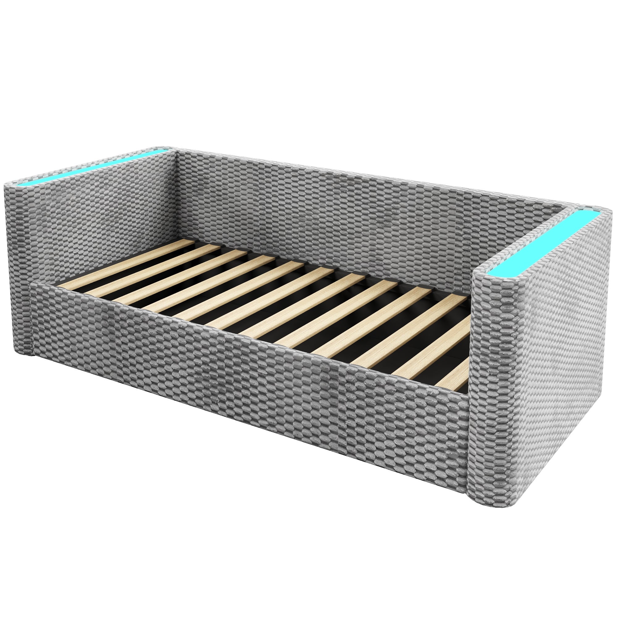 Rozkładana sofa z pojemnikiem 90x200 cm - z oświetleniem LED - stelaż lamelowy - welur - szary (materac nie jest wliczony w cenę) - 9