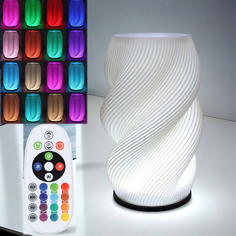 Lampa w kształcie wazonu, 16 kolorów RGB z regulacją jasności, z pilotem, druk 3D, fantazyjny abażur w paski spiralne, lampka nocna do sypialni