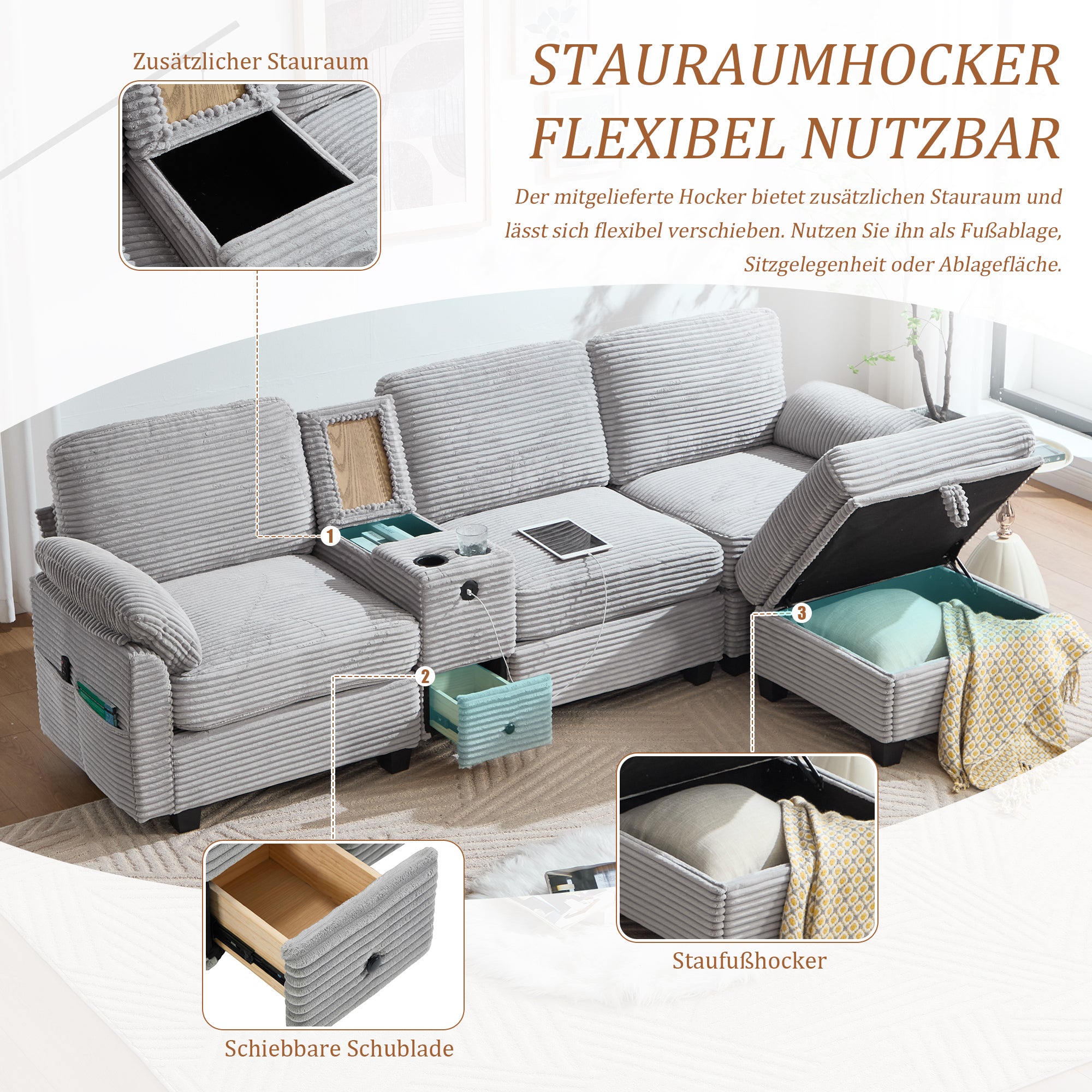Grand canapé velours côtelé avec mousse confortable, console amovible, USB-C, poche latérale, tiroir de rangement et ottoman mobile.-Lu - 4