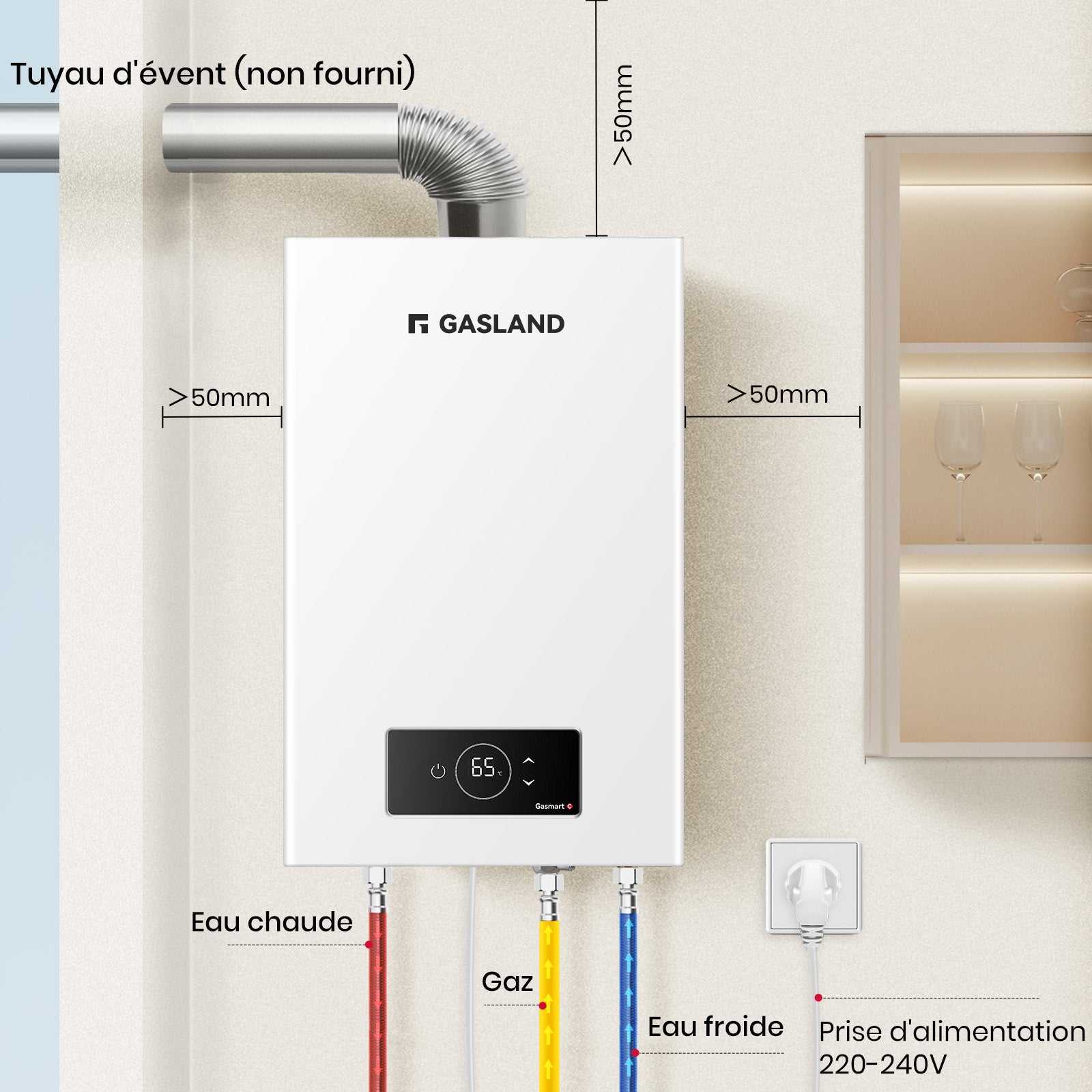 GASLAND Gasmart C GS318NG Chauffe-eau instantané au gaz naturel 12L Chauffe-eau à grande capacité pour l'intérieur 24kW - 3