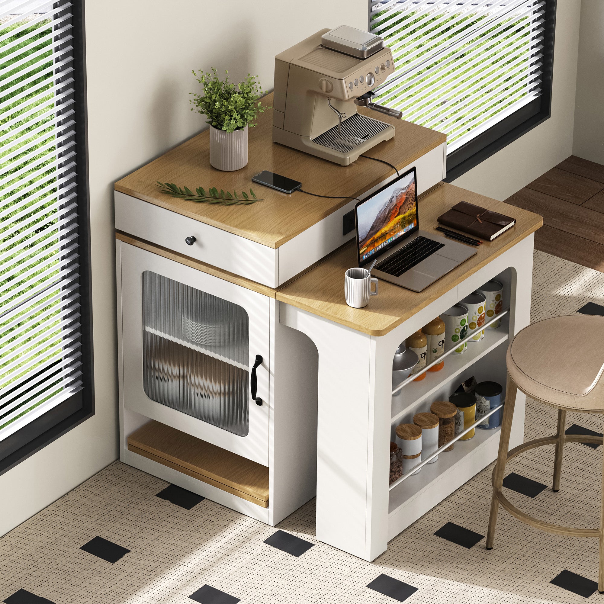 Ilot central de cuisine - avec prise de courant - avec table à manger amovible et extensible - texture du bois - avec 1 porte - naturel + blanc - 3