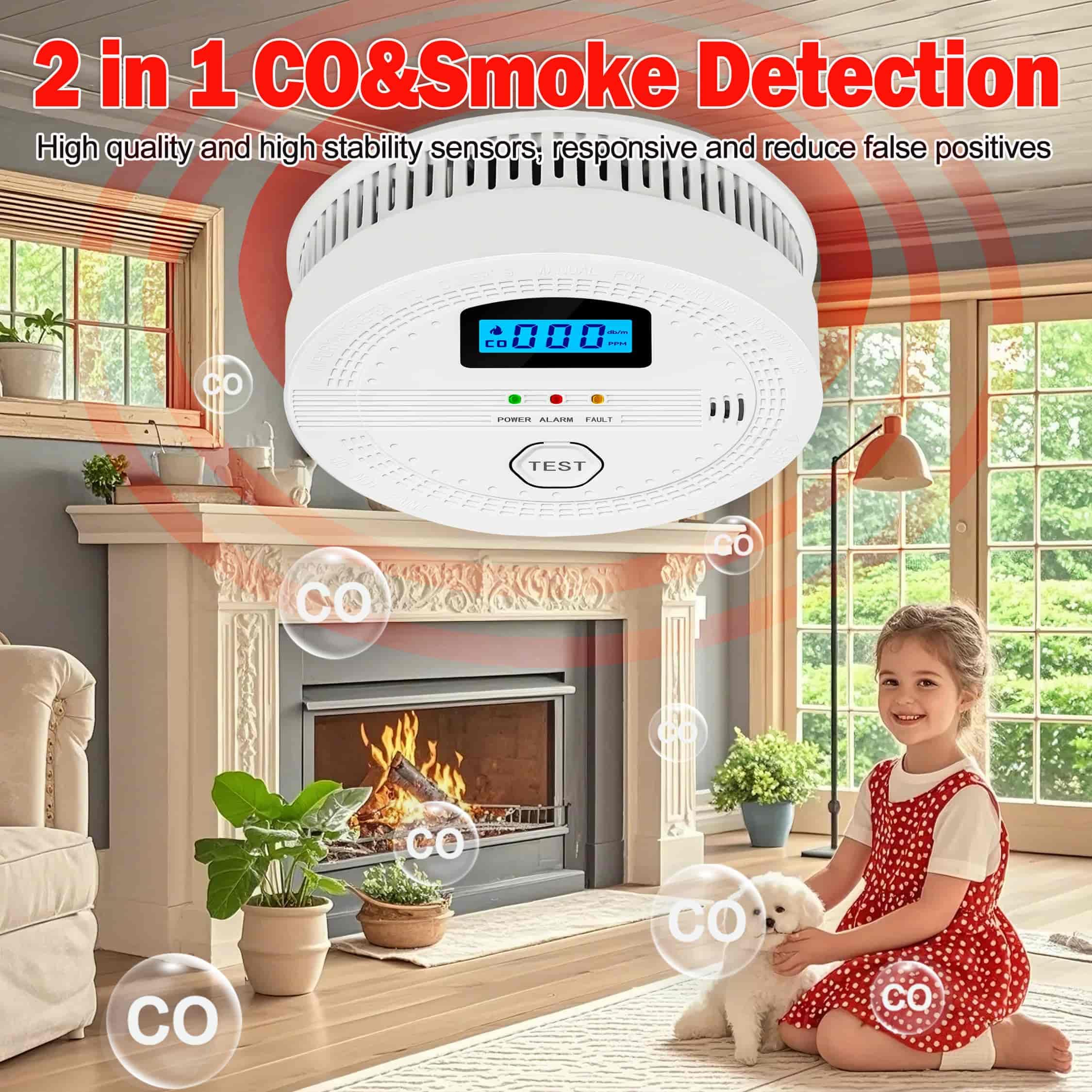 Rilevatore di fumo e monossido di carbonio 2 in 1 per la casa, con display (inglese), senza batteria, 10,7 × 10,7 × 3,8 cm - 7