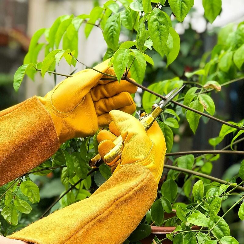 (Jaune M)Gants de Jardinage en Cuir Respirant pour Homme et Femme avec Gant Anti-épine, Manches Longues en Cuir de Vache pour Jardinier et Fermier - 3