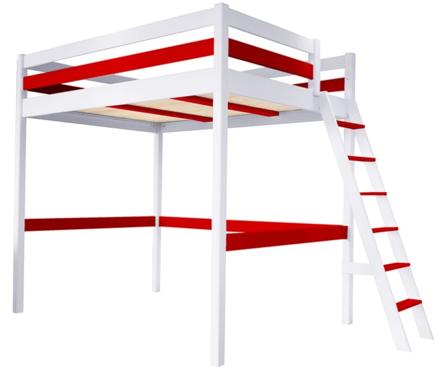 Lit mezzanine 1 place bois Sylvia 120x200 échelle inclinée, Blanc/Rouge