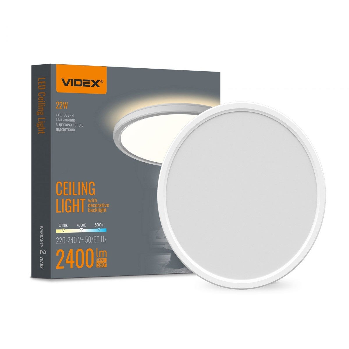 Plafon okrągły LED 22W Odcienie bieli 2400lm biały wym: 2,6 x 29,3 x 29,3 cm IP54 Videx