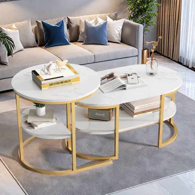 Ensemble de tables de salon contemporain, 2 pièces, comprenant une table principale ovale et une table d'appoint ronde, doré