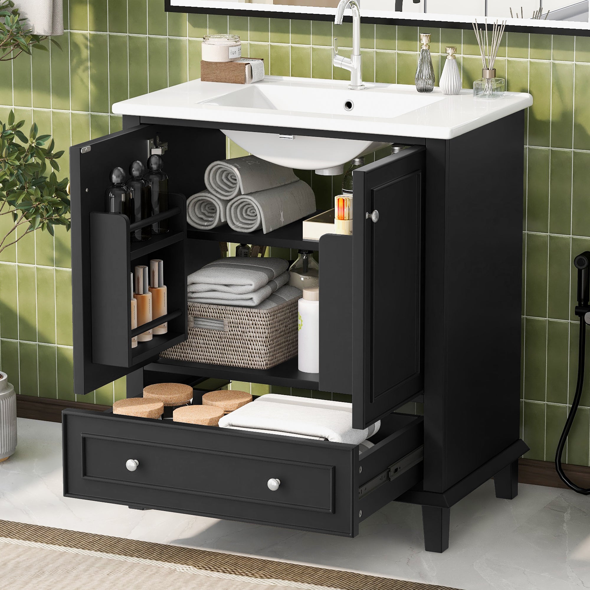 Szafka łazienkowa z pojedynczą umywalką, 2 drzwiami i 1 szufladą, szafka dolna z ceramiczną umywalką - 73 x 45 x 87 cm - drewno MDF - kolor czarny