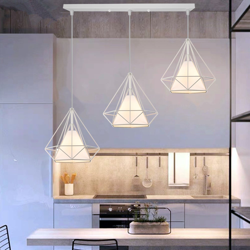 LIGKIN Lampadario Industriale 3 Luci Vintage Con Paralume In Metallo E Corda Di Carta, Attacco E27, Bianco - Per Soggiorno, Cucina, Ristorante, Cameretta