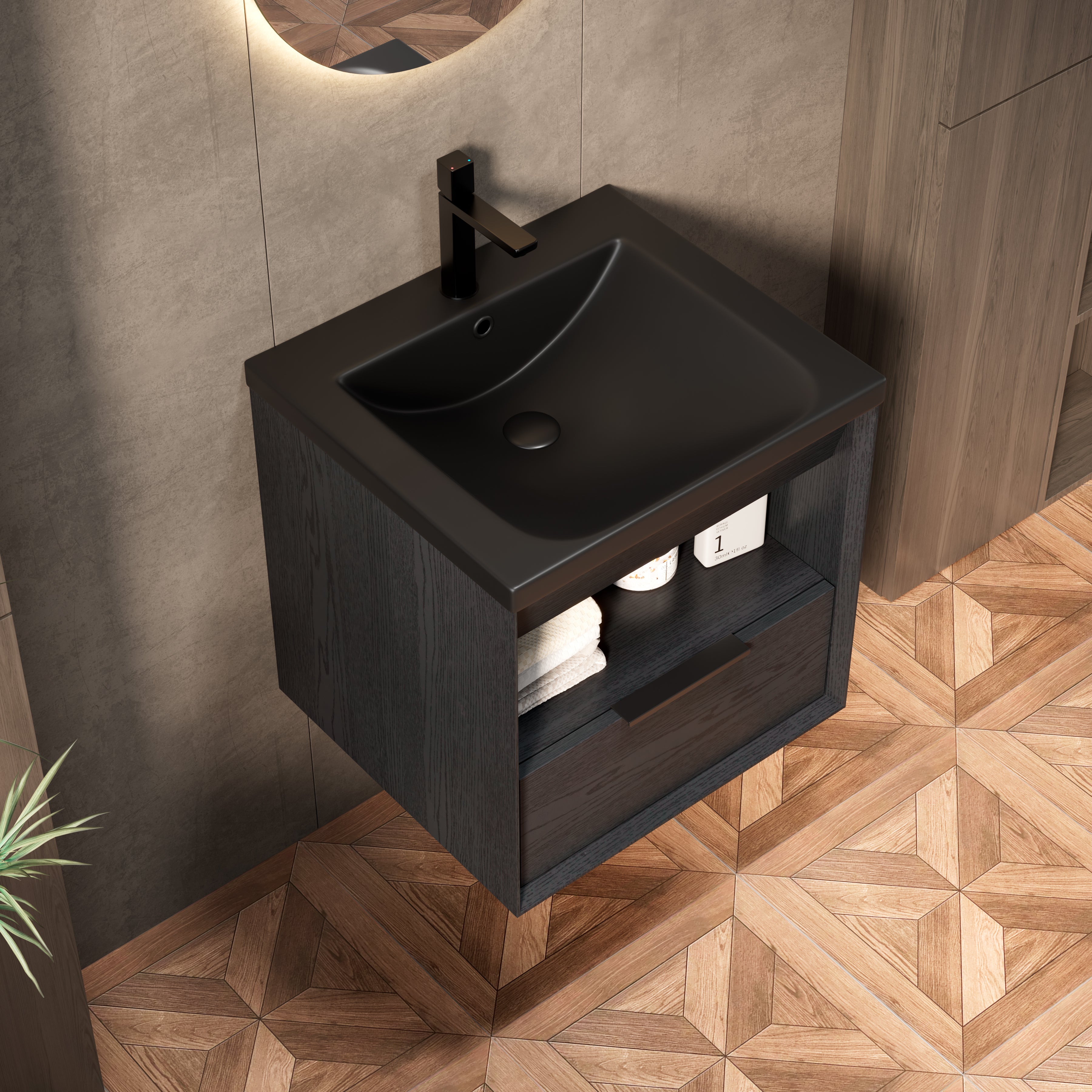 Meuble vasque mural noir 51 cm avec vasque intégrée en céramique ...