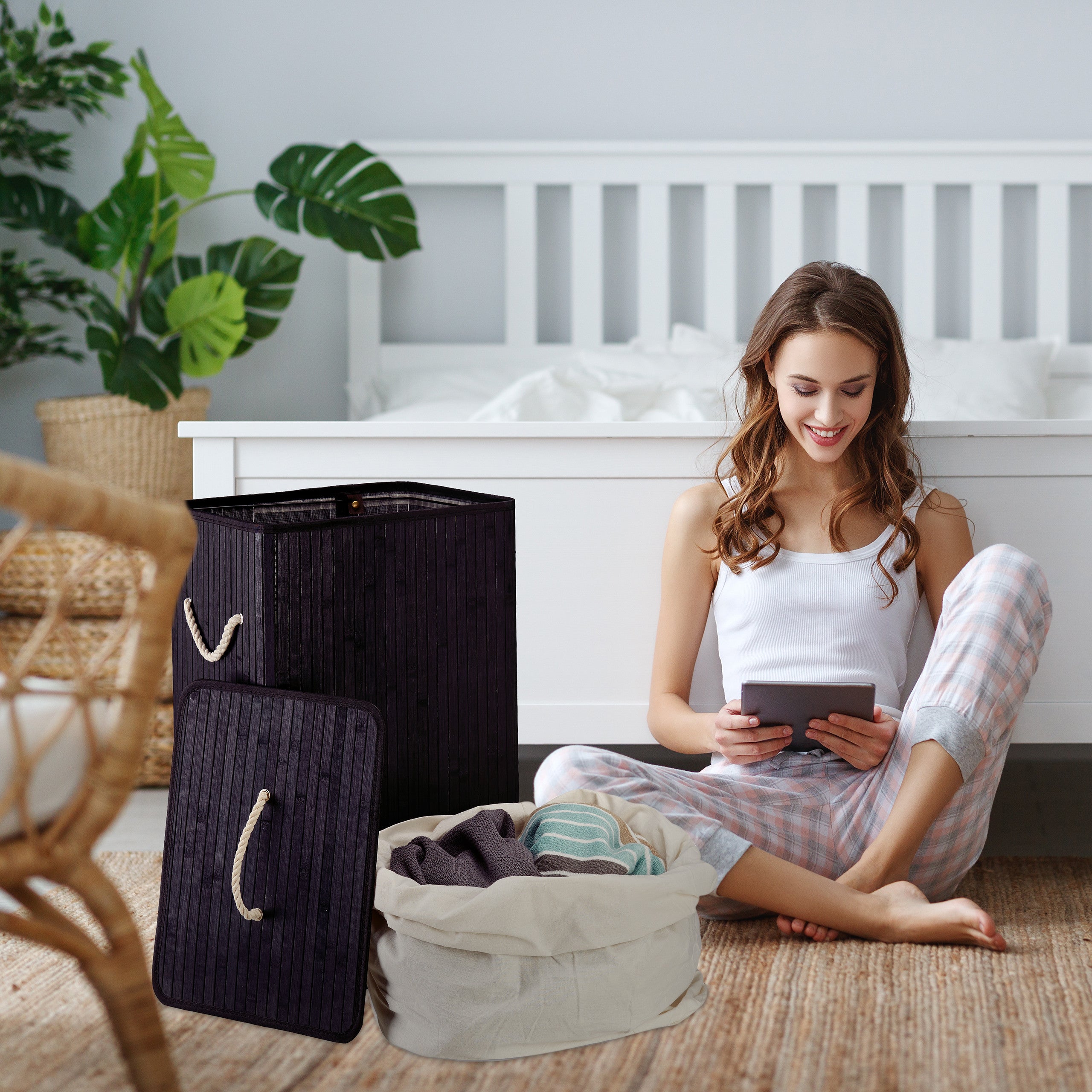 Panier à linge bambou, lot de 2, corbeille linge pliante, 83L par panier, sac intérieur coton, noir et blanc - 3