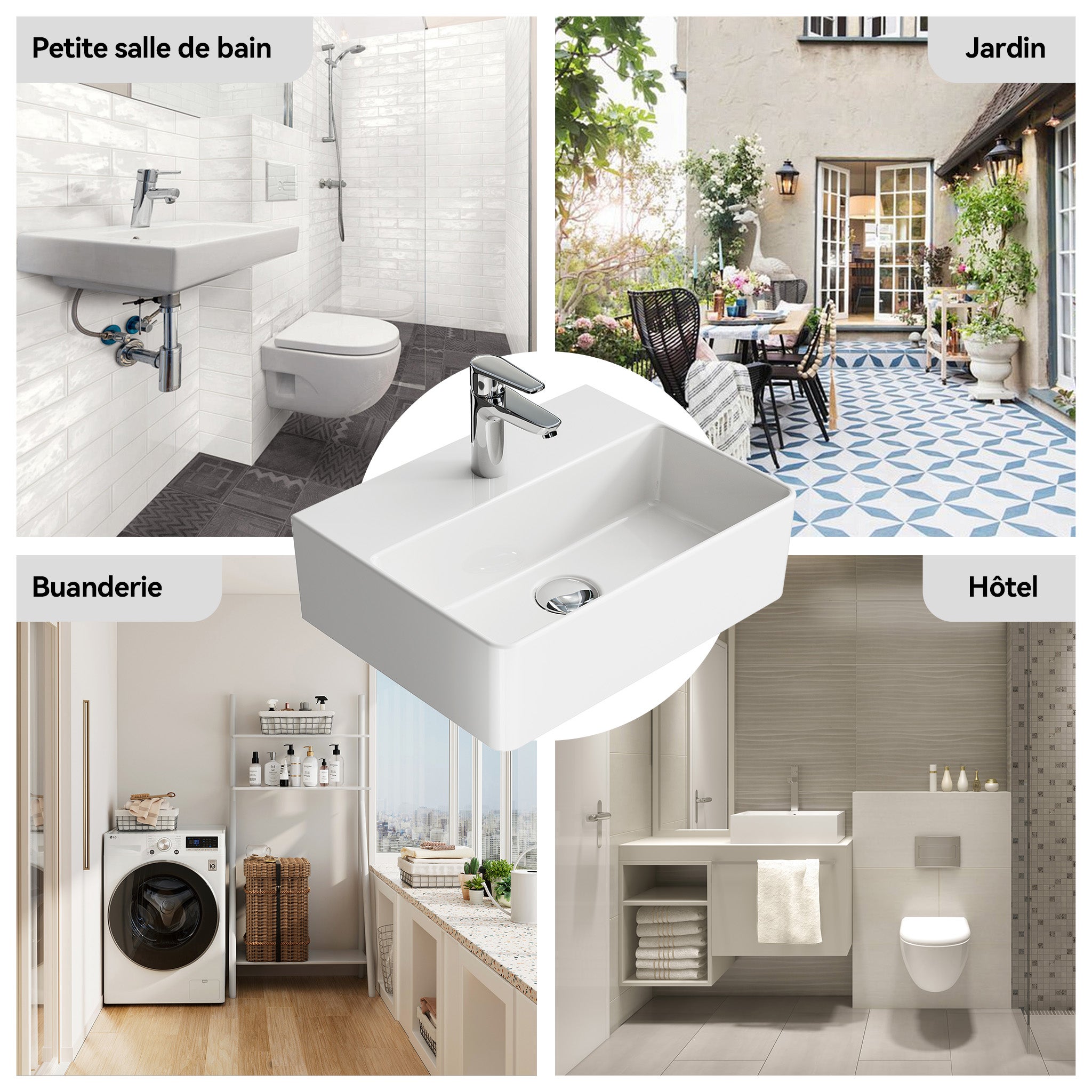 HOROW Lavabo sospeso in ceramica, rettangolare, con foro per rubinette, senza foro di troppo pienoo, per piccoli bagni per gli ospiti 39 x 30 cm - 7