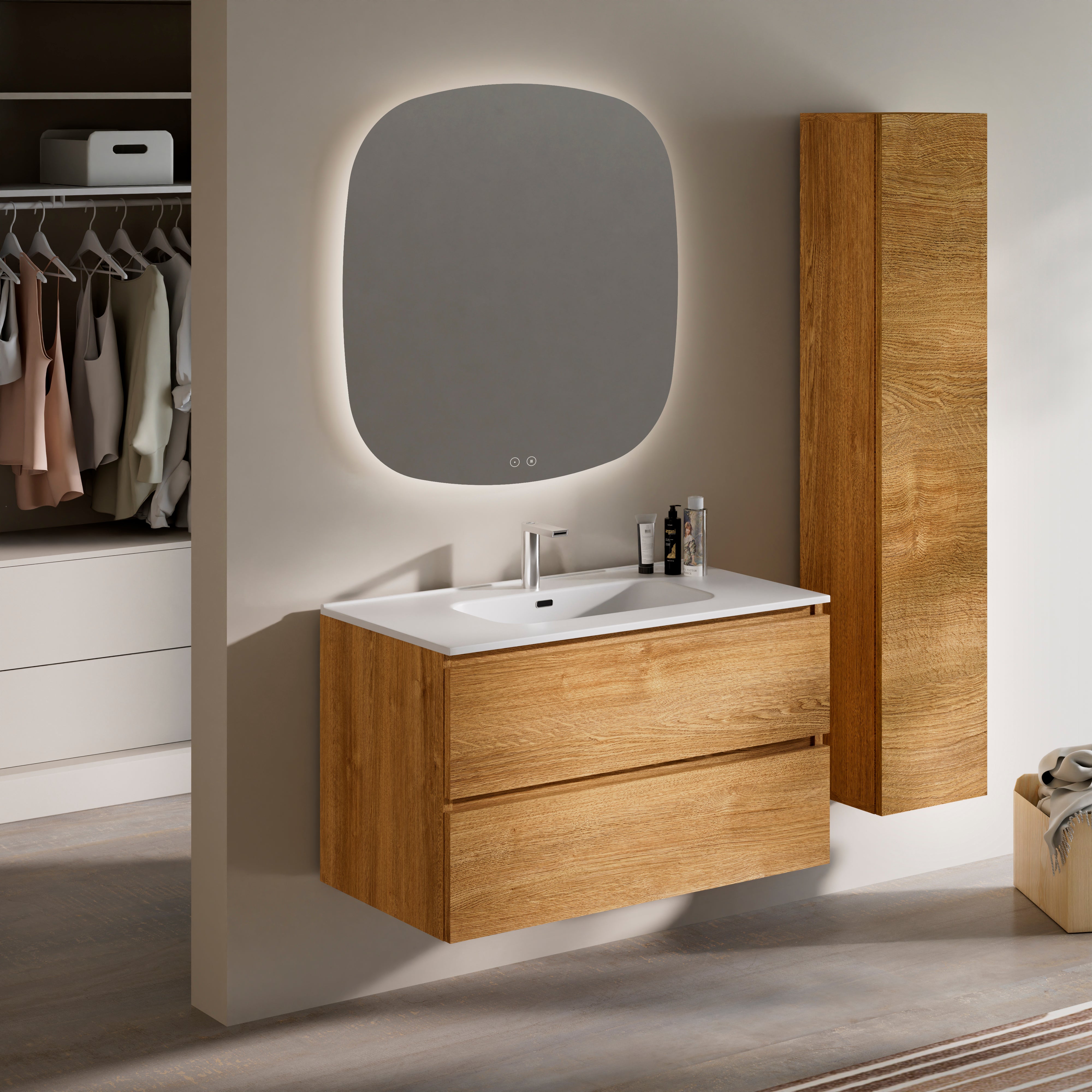 Feel Your Bath, Meuble Salle de Bain Couleur Bois 100cm avec Vasque en Céramique Blanc Brillant – Élégant et Facile à Poser - 2