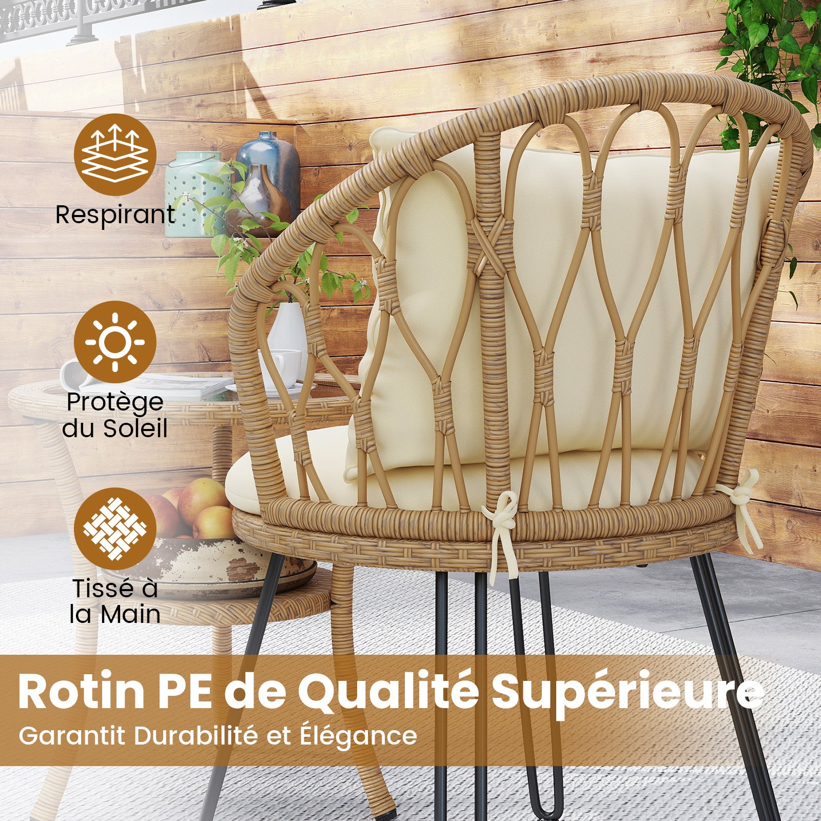 Conjunto de Móveis para Pátio em Fibra de Resina Trançada PE 3 PCS, Conjunto de Conversação Externa com Almofadas e Mesa de Centro de 2 Níveis - 3