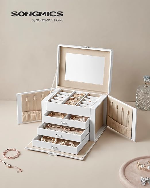 Boîte à Bijoux 4 Niveaux, avec Poignées, 3 Tiroirs, Miroir, Serrure, Rangement pour Bijoux pour Voyages, Blanc Classique - 2
