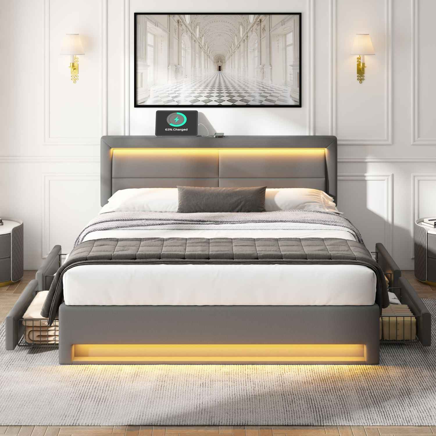 Wielofunkcyjne łóżko pikowane 140x200 cm z portami USB, oświetleniem LED, 4 szufladami – szary imitacja skóry PU