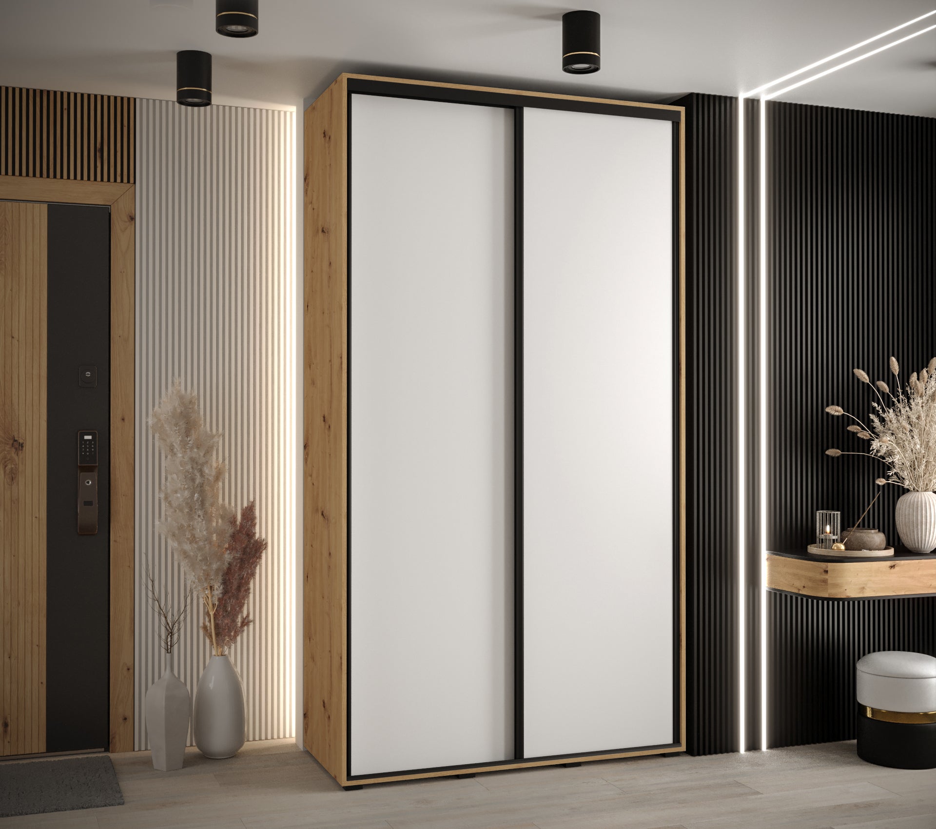 Szafa przesuwna wysoka Davos 1 130 x 60 x 235,2 cm artisan + biały + u. czarny - Abiks Meble - 2