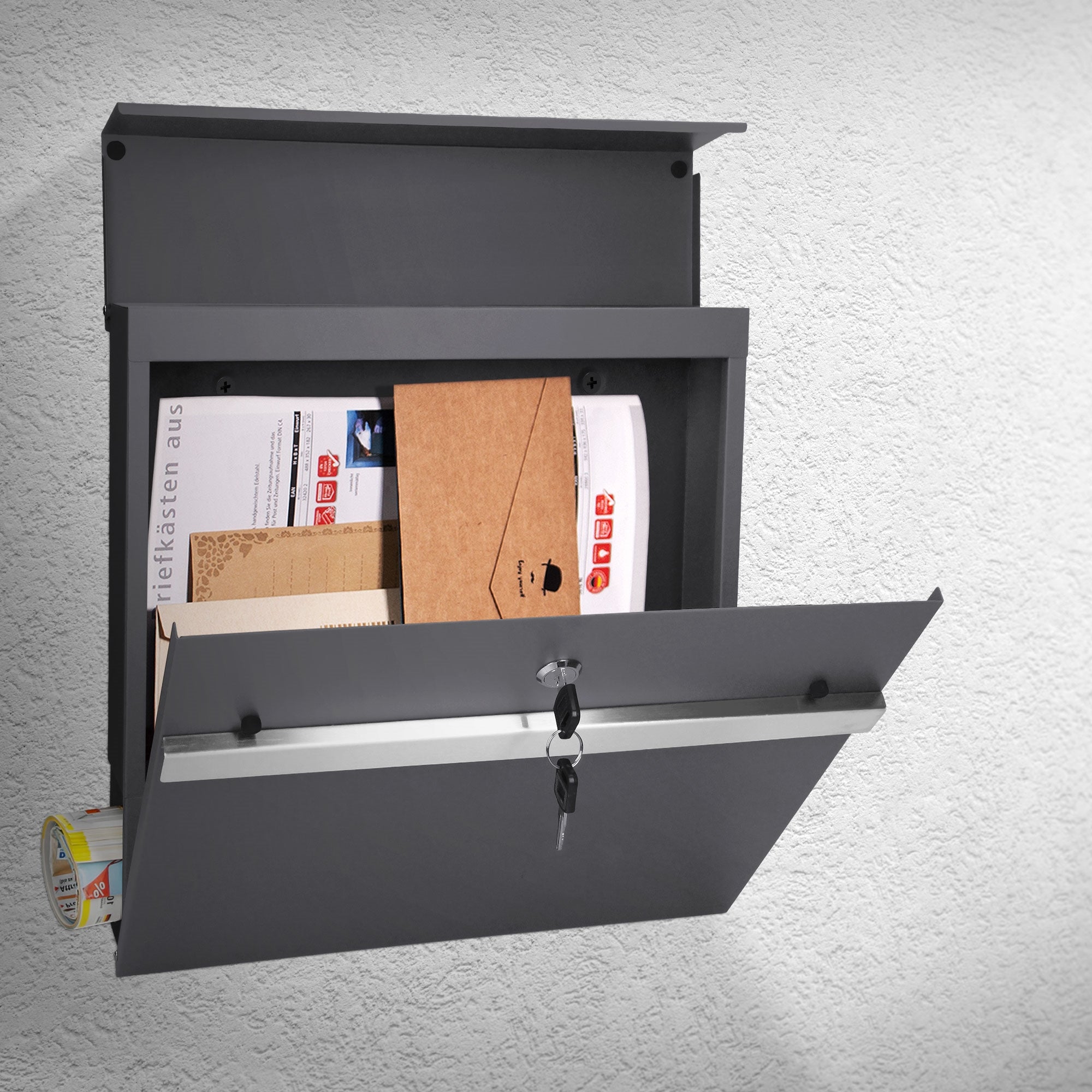 Caixa de correio de design moderno com compartimento para jornais, antracite, feita de aço revestido a pó com 2 chaves e material de montagem - 7