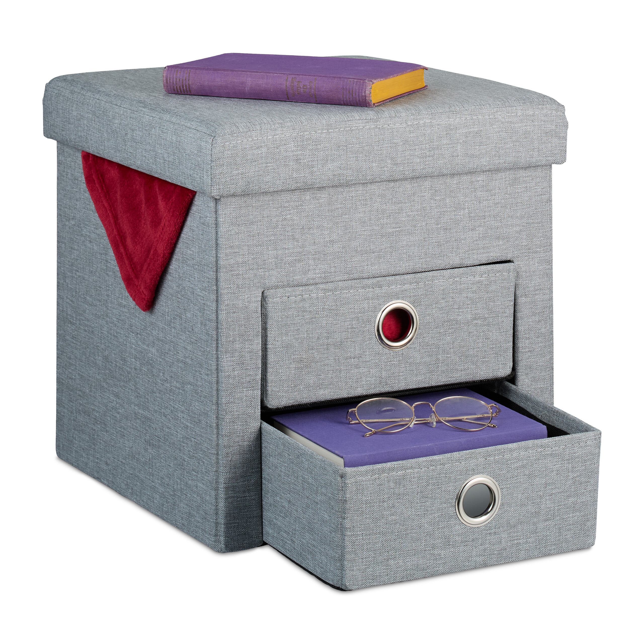 Relaxdays taburete reposapiés con almacenaje, 2 cajones, con asas, puf moderno, plegable, acolchado, 39x37x37 cm, gris