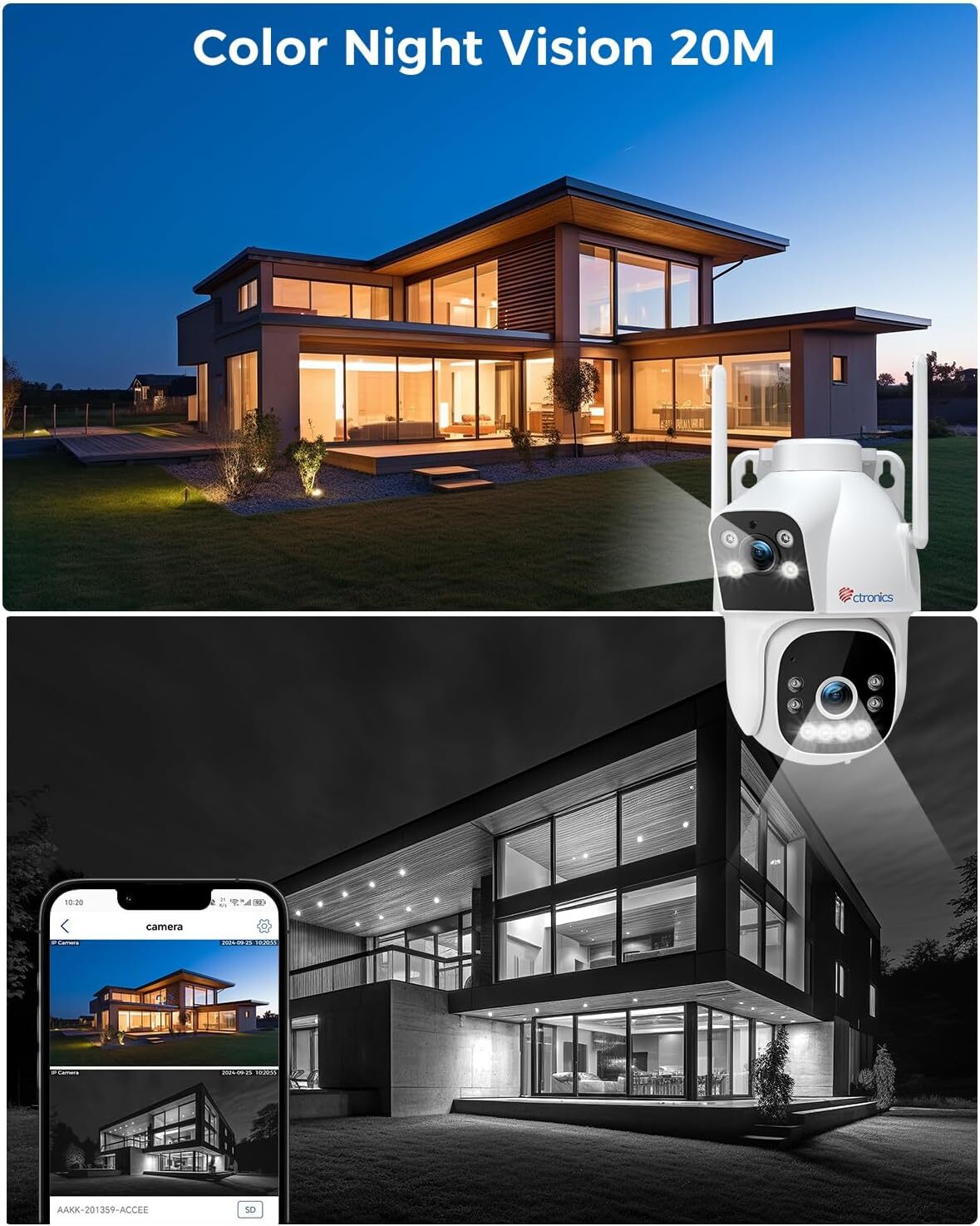 Caméra de surveillance 4G LTE Ctronics 2 objectif, détection IA , vision nocturne 20 m, audio bidirectionnel,alarme, surveillance PC/24h sur 24 - 6