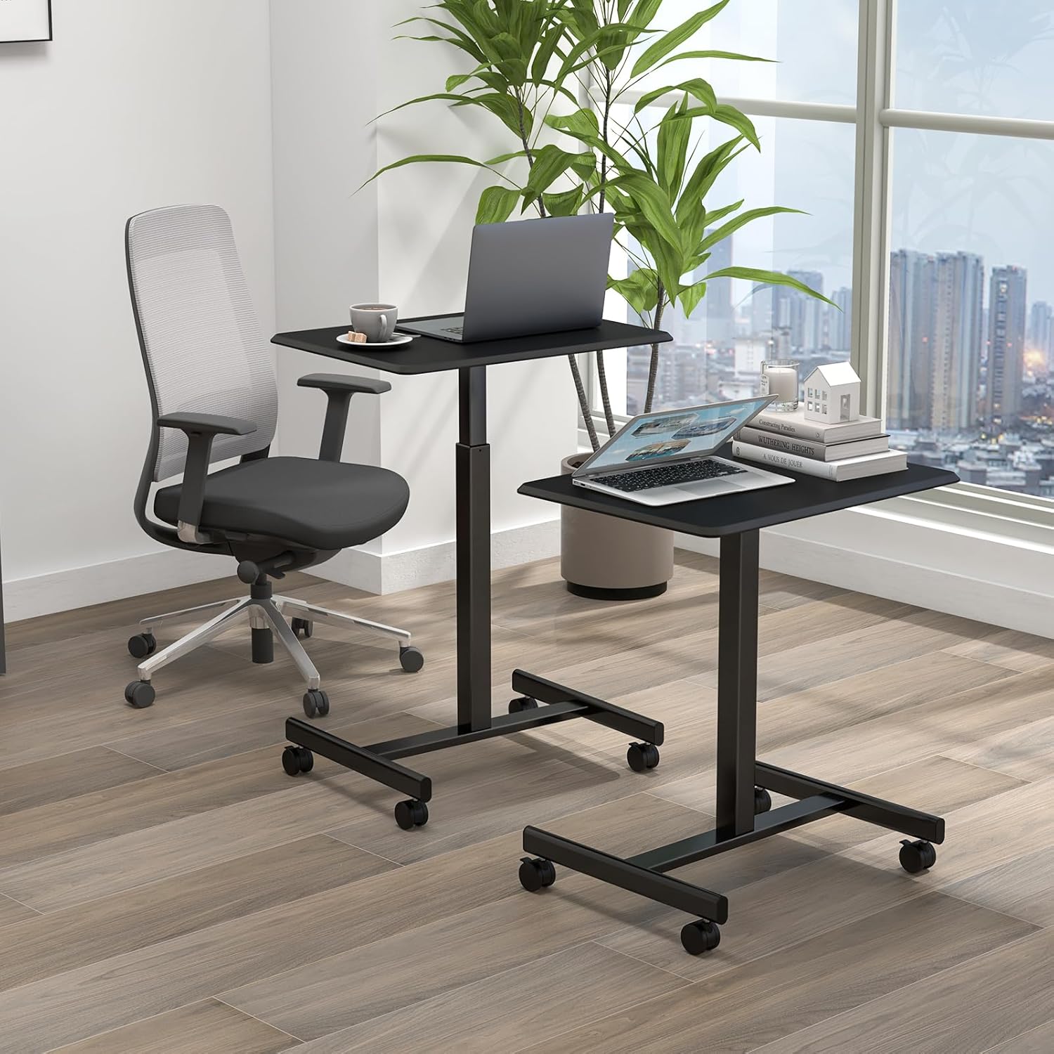Bureau Debout Mobile Réglable En Hauteur Pneumatique Dripex - Table D'Appoint Avec Roulettes - 71-112 Cm Noir