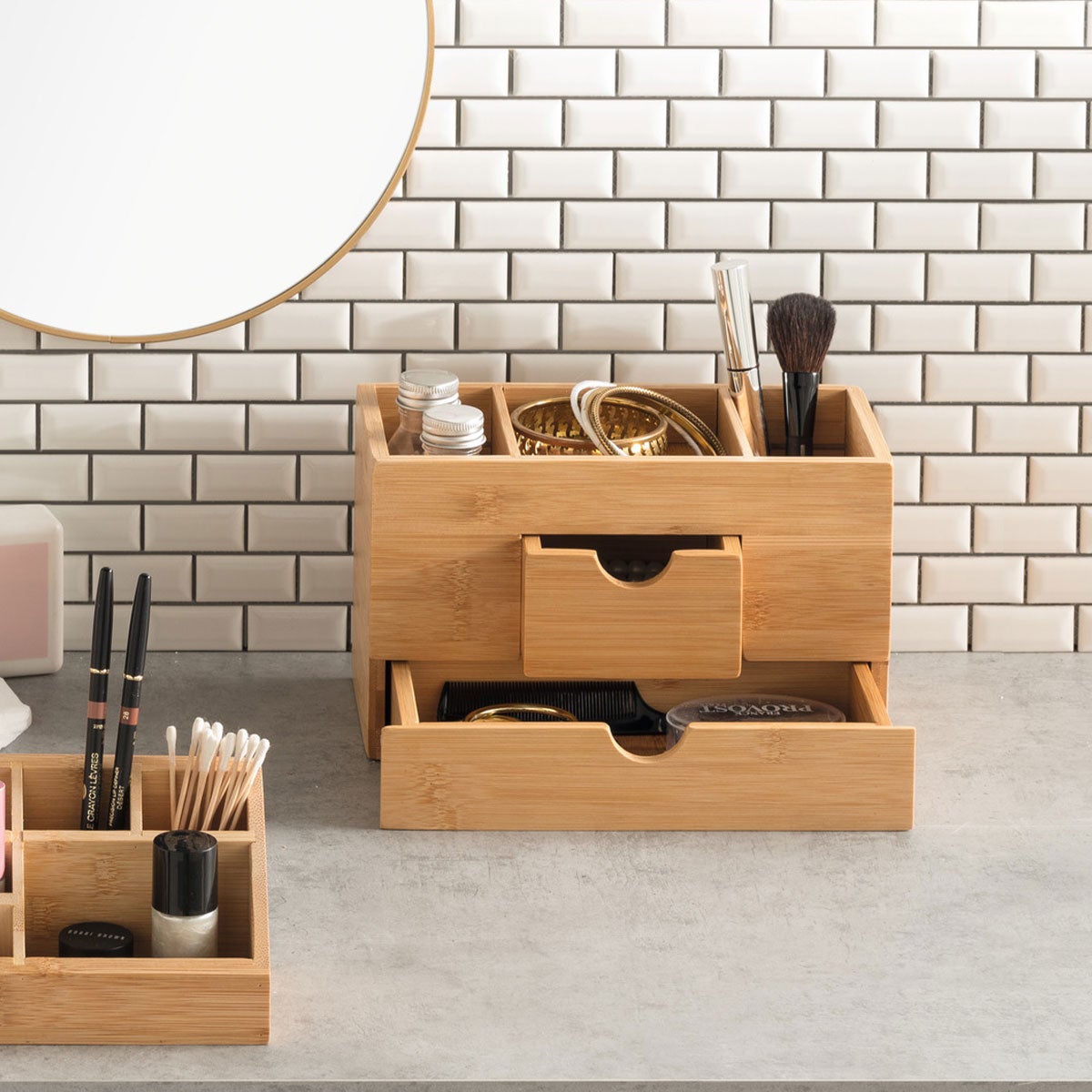 Organiseur 2 tiroirs/3 compartiements bambou - 5five - 2