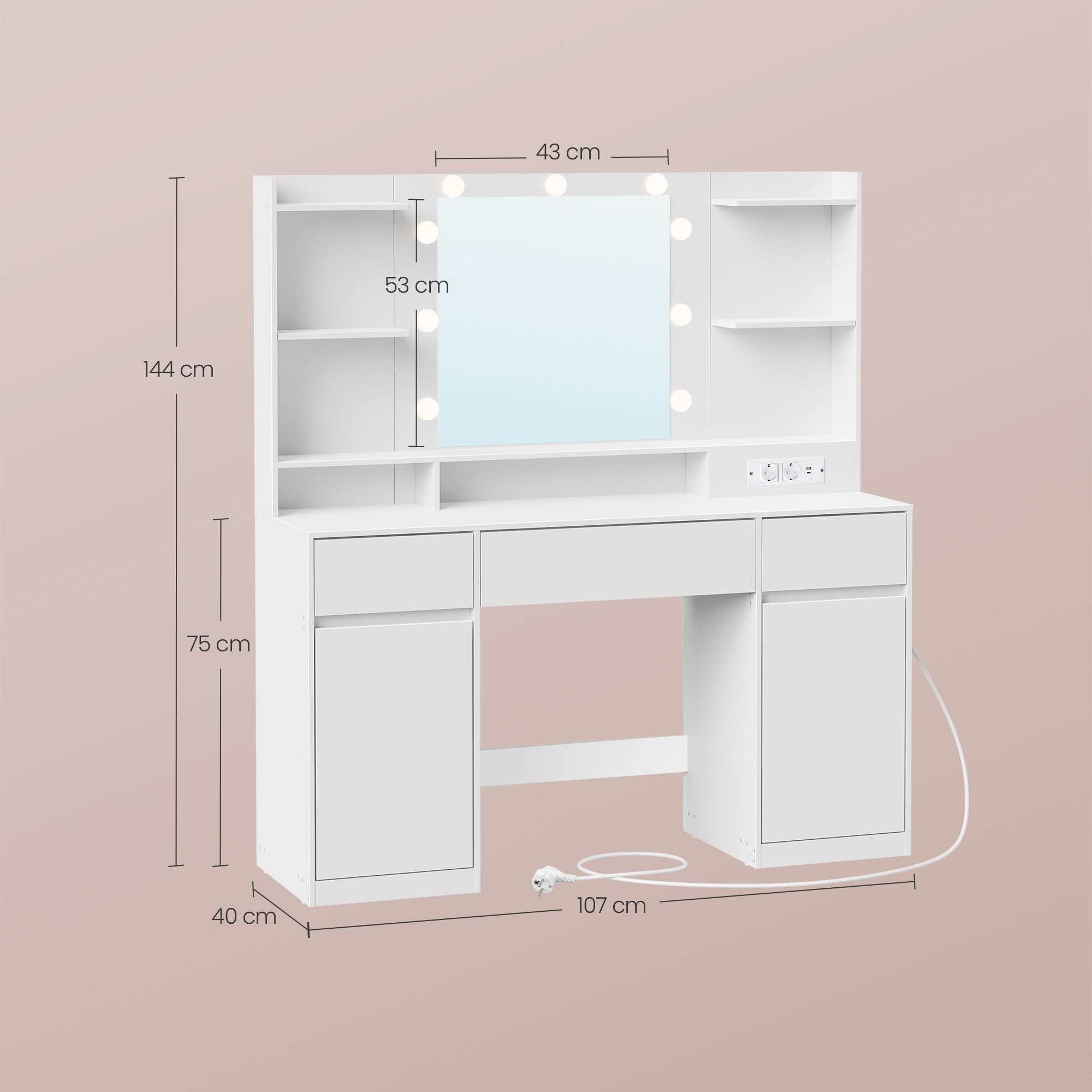 Coiffeuse avec Miroir LED, Multiprise, 2 Placards, 9 Ampoules, Éclairage 3 Couleurs, Blanc - 5