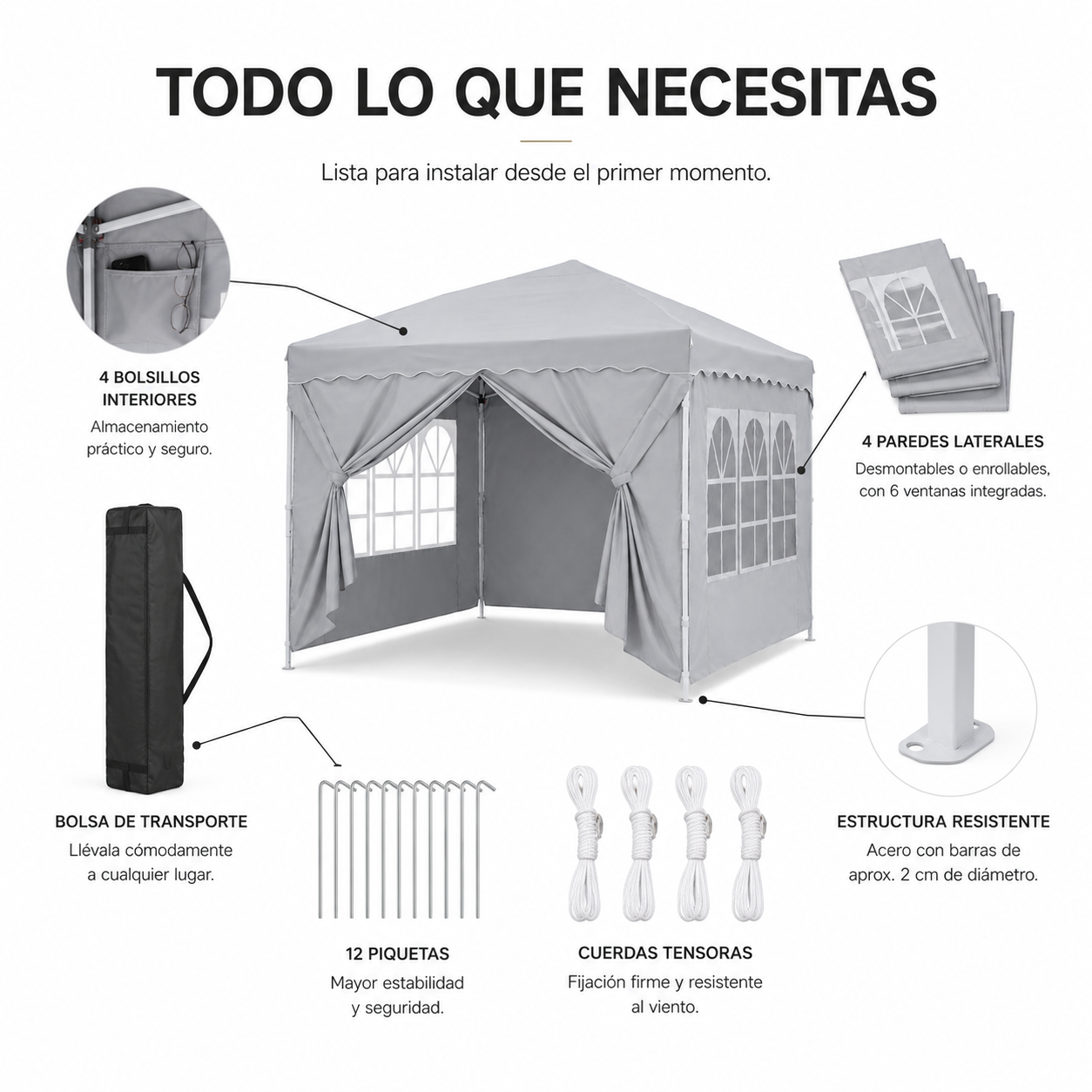 Carpa Plegable 3x3 M Con 4 Paredes Laterales Y Estructura Reforzada - 5