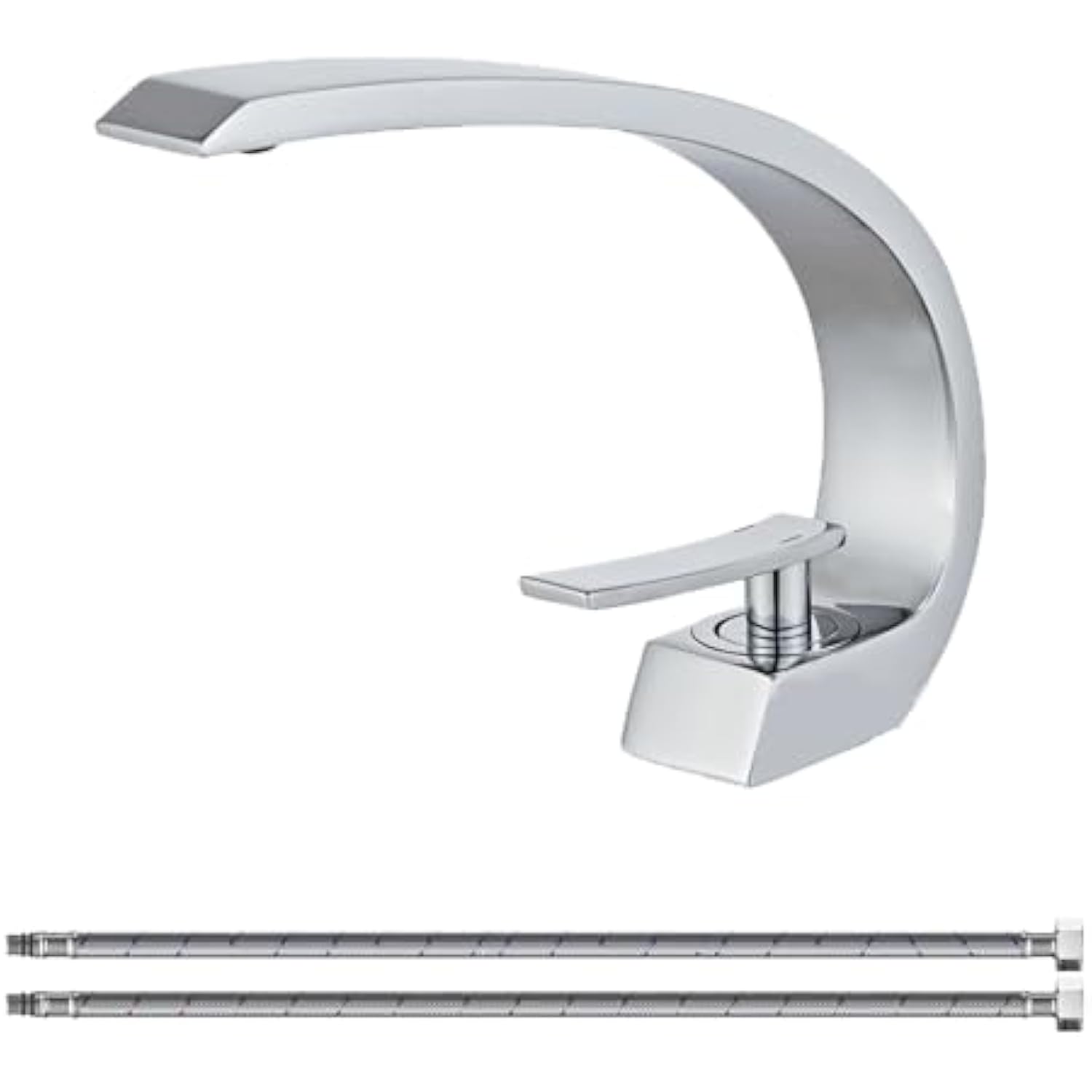 Chromowana bateria umywalkowa do łazienki z wężem doprowadzającym wodę, bateria umywalkowa jednootworowa o wyjątkowym wzornictwie, bateria mieszaczowa