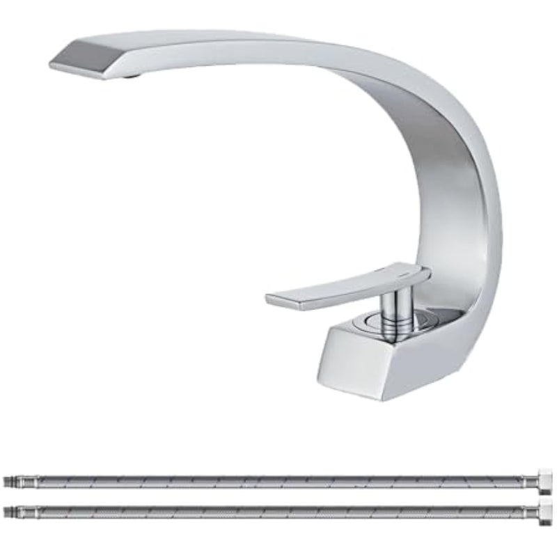 Chromowana bateria umywalkowa do łazienki z wężem doprowadzającym wodę, bateria umywalkowa jednootworowa o wyjątkowym wzornictwie, bateria mieszaczowa