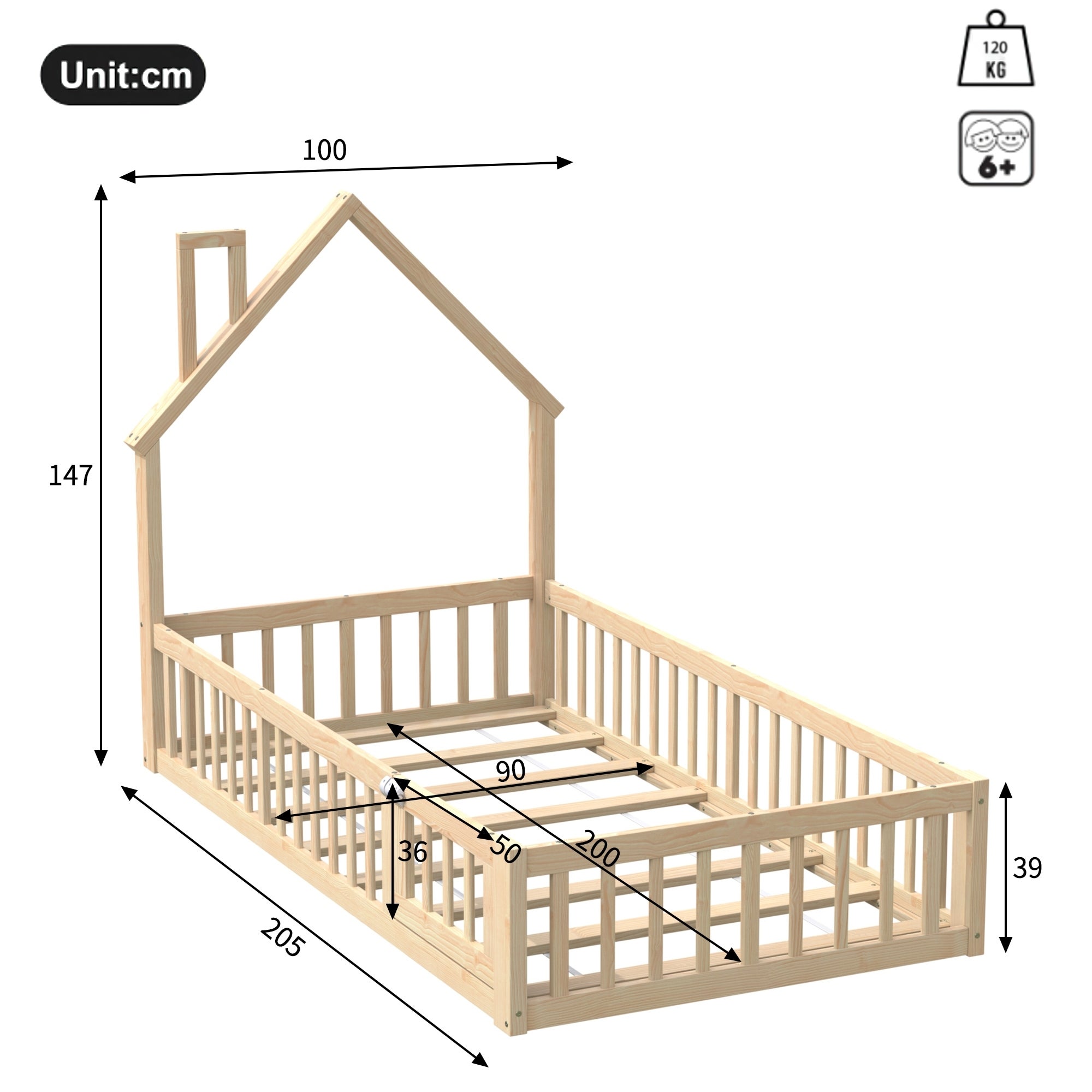 Cama infantil suelo,90x200,cama Montessori,cama infantil con forma de chimenea,cama infantil tipo cabaña con somier,cama individual,madera de pino - 3