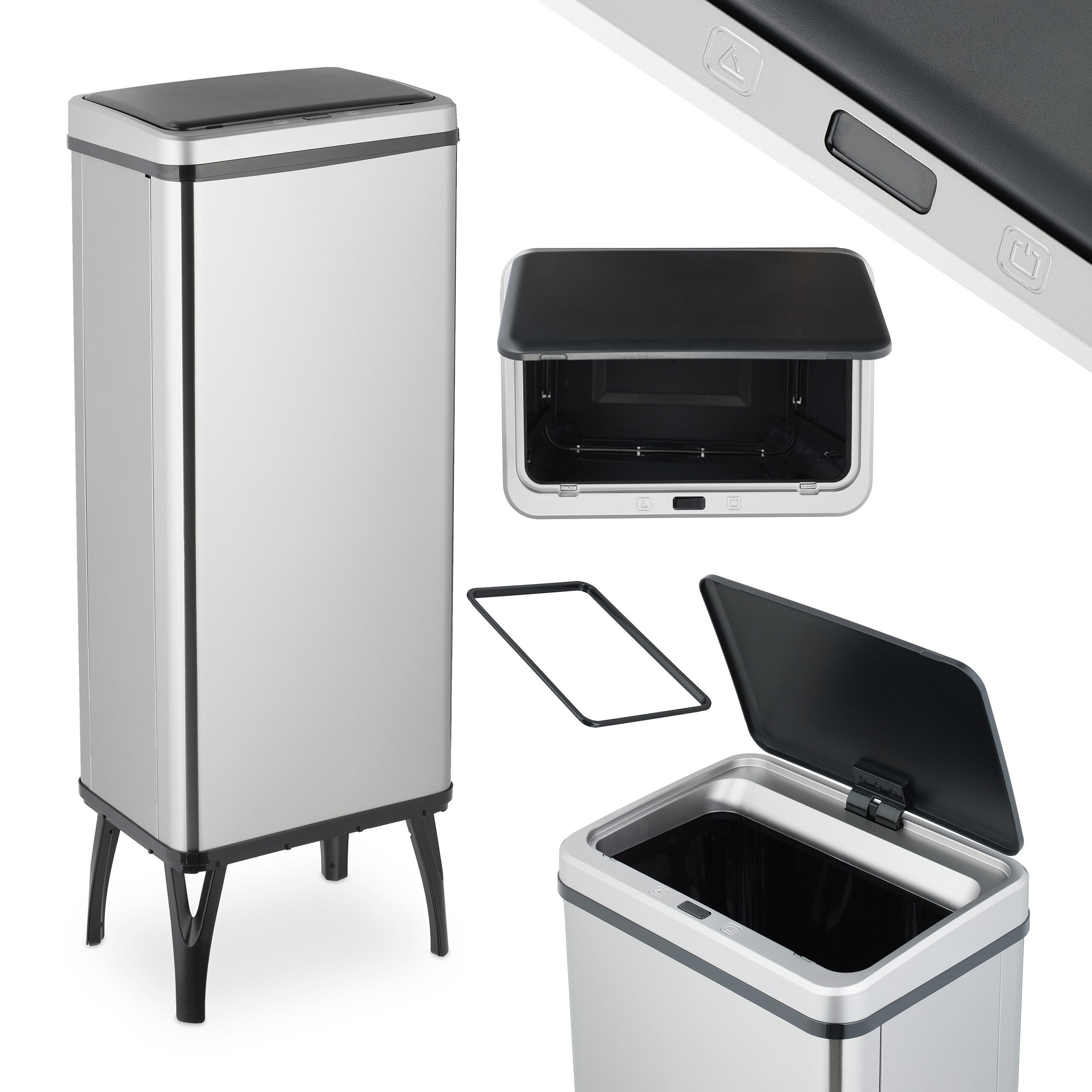 Cubo de basura cocina sensor 60l, tapa eléctrica, soporte bolsas, papelera automática acero inoxidable, plata, relaxdays