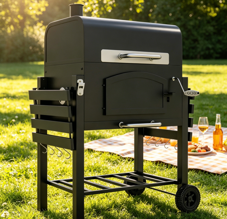 Barbecue au charbon avec couvercle, fonction fumoir, plateau chauffant — free download