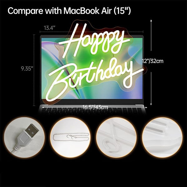 Insegna Luminosa LED 'Buon Compleanno' Con Dimmer, Cartello Neon Flessibile 42x30cm, Decorazione Festa Con Alimentazione USB, Sfondo Per Festa E Luce Notturna, Bianco Caldo