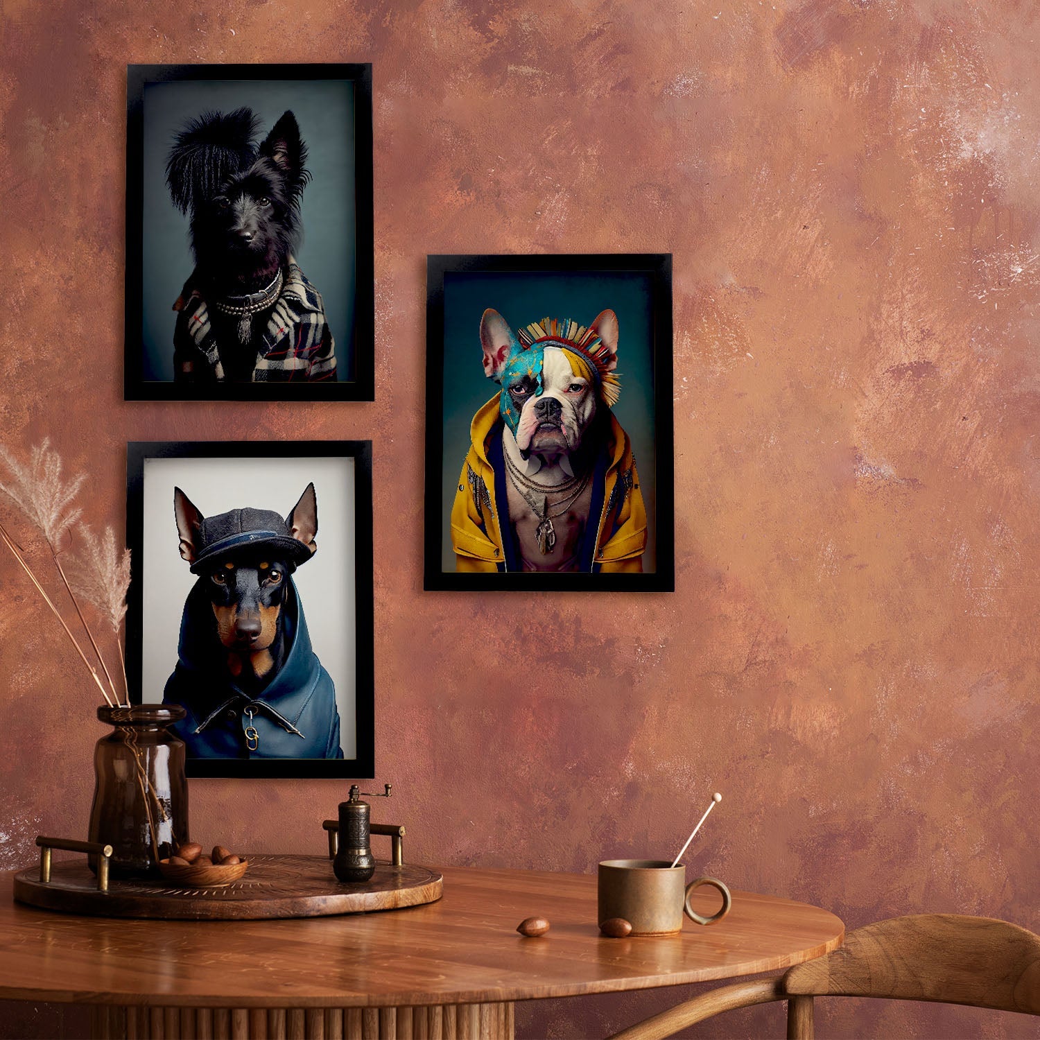 Bulldog de heepdog animal humano nacnico doberman. estampados de arte de pared estético para el diseño de dormitorio o sala de estar marco negro - a4