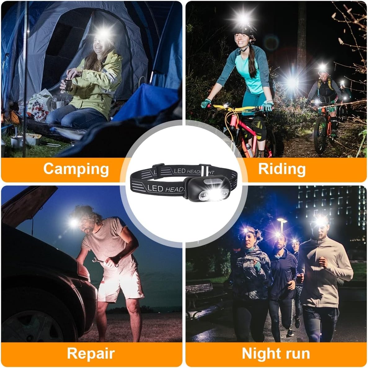 Lampe frontale [Lot de 2], puissante lampe frontale 200 lm avec 3 modes + capteur SOS, lampe frontale ultra-légère et réglable - 5