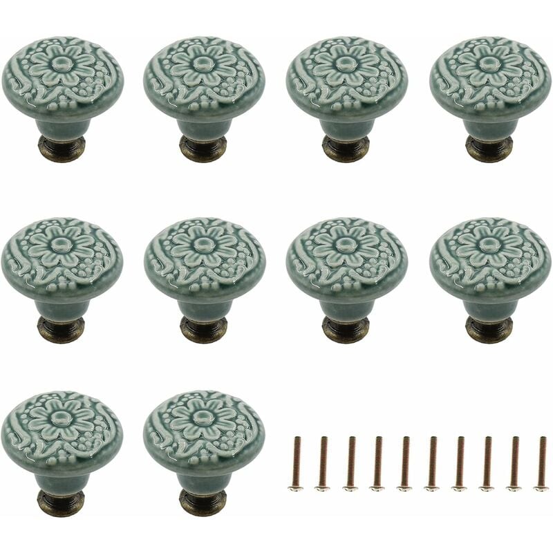 Zestaw 10 dekoracyjnych ceramicznych gałek do szuflad (zielone), szafek, komód, półek, uchwytów meblowych, dekoracyjnych narzędzi do uchwytów
